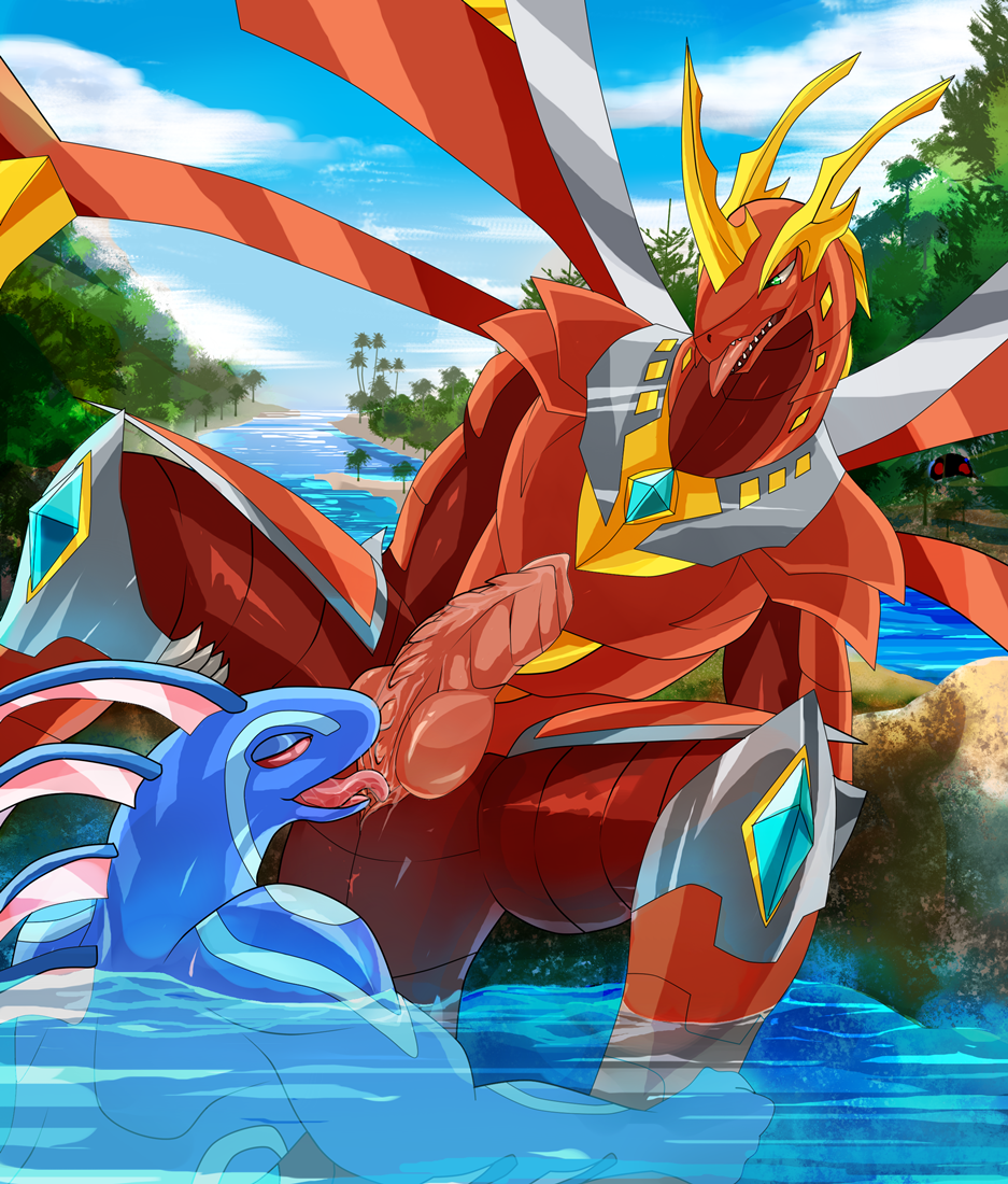 amazon_(bakugan) anthro bakugan drago_(bakugan) duo erection genitals horn licking male male/male nude open_mouth oral outside penile penis penis_lick sellon sex sky smile tongue tongue_out water wings