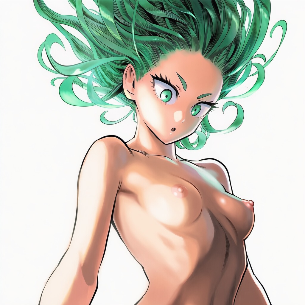 :o, 1girls, 2d, accurate art style, accurate body type, ai generated, areolae, arms at sides, bare arms, bare shoulders, breast focus, breasts, breasts apart, cel shading, close-up, collarbone, completely nude, completely nude female, curly hair, erect nipples, eyebrows, eyelashes, female, female focus, female only, flipped hair, floating hair, flowing hair, forehead, foreshortening, from below, green eyes, green hair, high resolution, highres, light skin, light-skinned female, line art, looking down, manga style, messy hair, murata yuusuke (style), nipples, nude, nude female, official style, one-punch man, open mouth, out-of-frame censoring, perky breasts, petite, pink nipples, ribs, shiny hair, shiny skin, short hair, simple background, skinny, skinny female, slender body, slender waist, small breasts, solo, solo female, solo focus, standing, surprised, tatsumaki, three-quarter view, upper body, v-shaped eyebrows, viewed from below, white background, wide eyed
