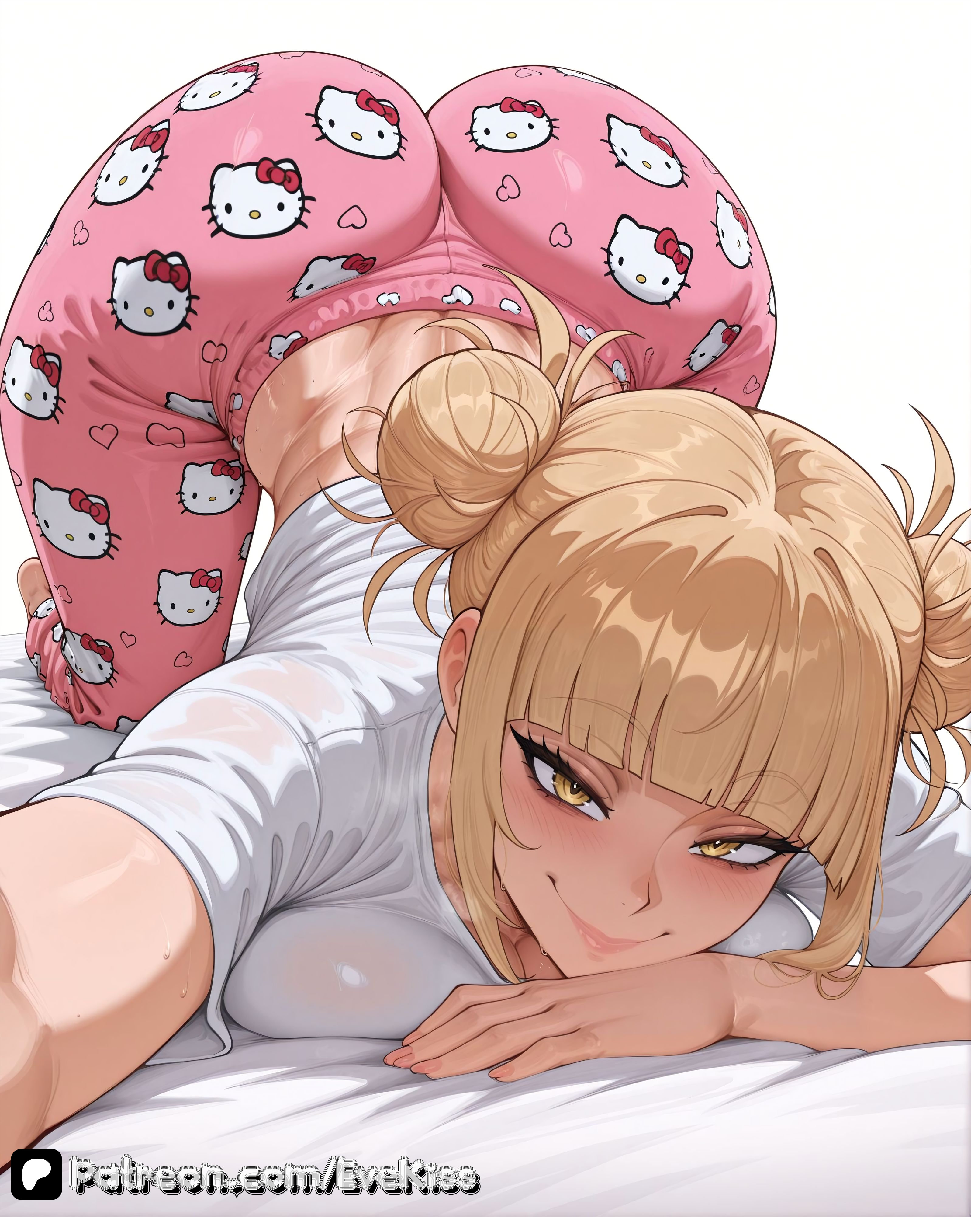 1girl, 1girls, ai generated, bangs, blonde, blonde female, blonde hair, blonde-haired female, boku no hero academia, breasts, breasts,, buns, camel toe, cameltoe, cleavage, clothed, clothed female, curvy, curvy figure, double bun, evekiss, female, female focus, female only, focus, fringe, fully clothed, hairbun, hello kitty, himiko toga, large breasts, light skin, my hero academia, nipples, nipples covered, nipples visible through clothing, pajama, pussy, sfw, solo, solo female, solo focus, teeth, thick thighs, thighs, tight clothes, tight clothing, toga himiko, uncensored, wide hips, yellow eyes