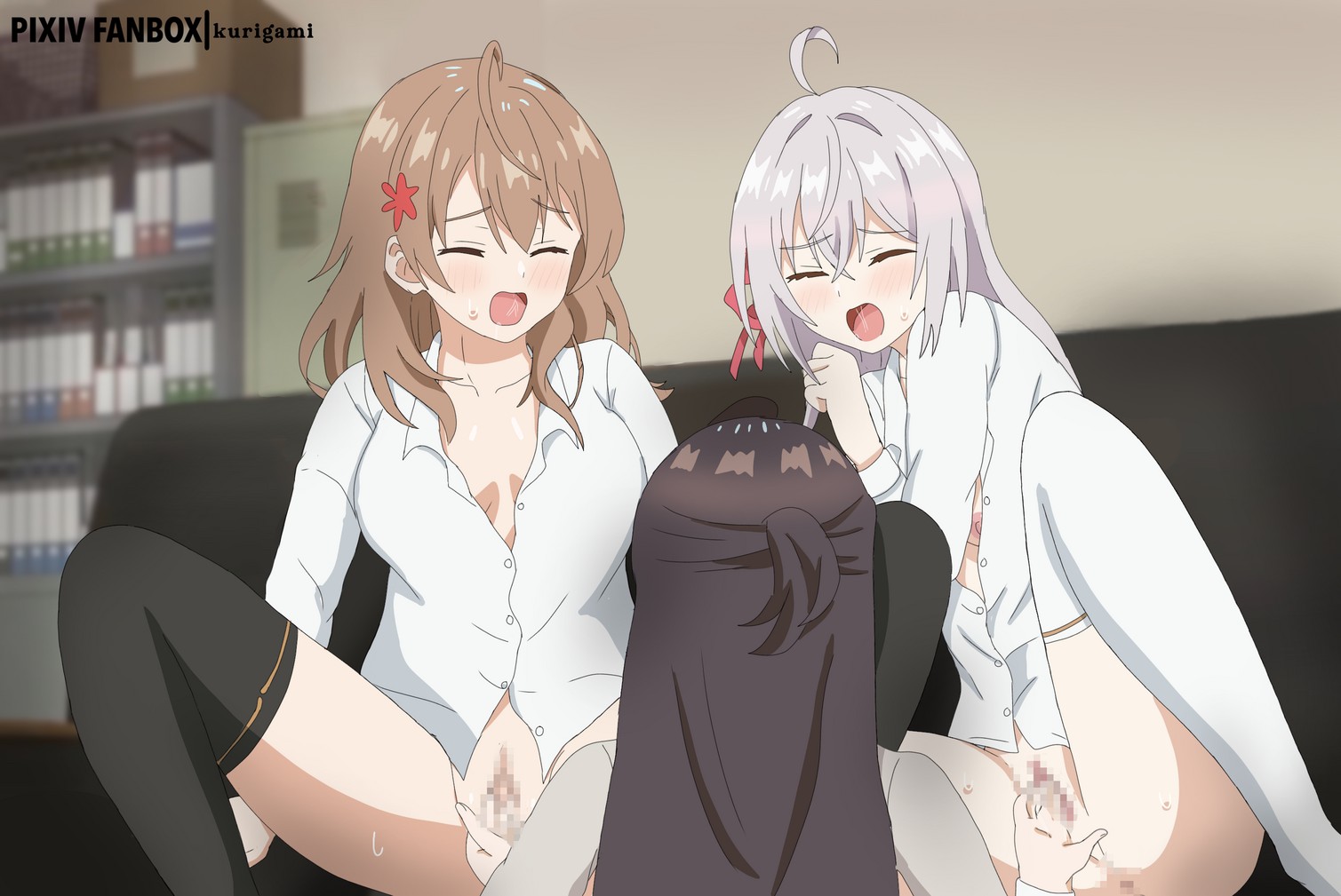 2d, 2d (artwork), 2d artwork, 3girls, ahoge, alisa mikhailovna kujou, alternate version at source, alternate version available, anime, anime character, asian, asian female, asian girl, assertive female, bedroom background, bedroom sex, belly, belly button, black legwear, black stockings, black thigh highs, black thighhighs, blue eyes, blue-eyed female, blush face, blush lines, blushing, blushing at another, blushing at partner, blushing female, blushing lines, breasts, brown eyes, brown hair, brown-eyed female, brown-haired female, busty, busty female, busty girl, busty teen, busty teenager, calves, censored, censored genitalia, censored pussy, censored vagina, cleavage, closed eyes, clothes, collarbone, digital, digital art, digital drawing, digital drawing (artwork), digital media, digital media (artwork), doga kobo, dominant lesbian, drawing, e-cup breasts, european, european female, european girl, exposed, fanart, female, female fingering female, female focus, female on female, female only, female protagonist, female with female, female/female, female/female/female, fff, fff threesome, finger in pussy, fingering, fingering another, fingering partner, fingering pussy, fingering vagina, fingernails, fingers, flushed, flushed face, fondling pussy, full body, groin, hair between eyes, half naked, half nude, half updo, high school student, homosexual, homosexual female, indoor, indoor background, indoor nudity, indoor sex, indoors, indoors sex, interior background, japanese, japanese female, japanese girl, knees, kurigami, kurigamiin, landscape, large breasts, large breasts lesbian, lean figure, legs, legs apart, legs spread, legwear, lesbian, lesbian domination, lesbian focus, lesbian only, lesbian pleasure, lesbian threesome, lesbians, lesbians naked, little sister, long hair, maria mikhailovna kujou, midriff, more at source, mosaic censoring, multiple females, multiple girls, naked, naked female, naked woman, narrow waist, navel, nude, nude female, nudity, older sister, open mouth, parted lips, partially undressed, pussy, pussy rub, room, room background, rubbing pussy, russian, russian female, russian girl, school girl, school girls, schoolgirl, semi nude, shirt, shoulders, silver hair, silver hair female, silver-haired female, sisters, sitting, slender body, slender waist, slim female, slim waist, spread legs, spreading legs, spreading thighs, stockings, submissive lesbian, suou yuki, teen girl, teenage female, teenage girl, teenage girls, teenage tits, teenager, teenager on teenager, thigh highs, thighhighs, thighs, tokidoki bosotto russian de dereru tonari no alya-san, tongue, topwear, touching pussy, trio, trio female, vaginal stimulation, vulva handjob, white clothes, white legwear, white shirt, white stockings, white thigh highs, white thighhighs, white topwear, young female, young woman, yuri, yuri threesome