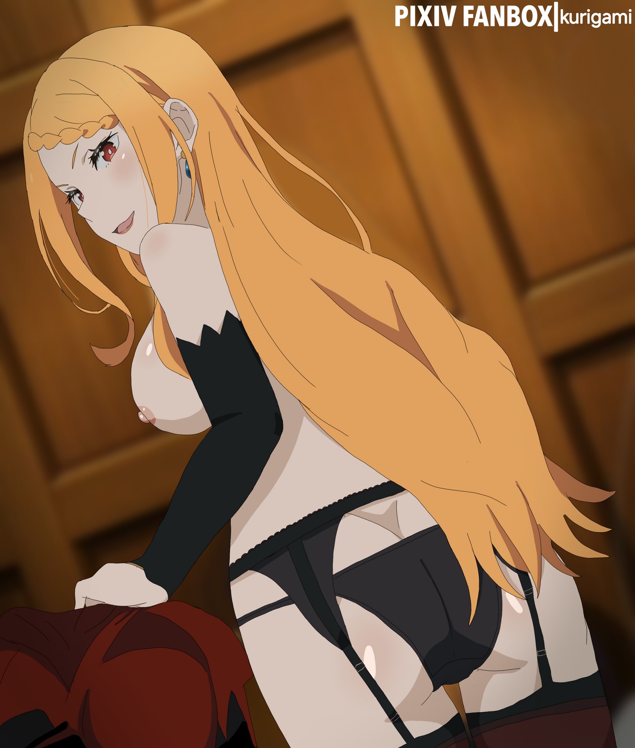 1girls, 2d, 2d (artwork), 2d artwork, adult, adult female, anime, anime character, areola, areolae, ass, ass cleavage, ass crack, big boobs, big breasts, black garter belt, black garter straps, black panties, black underwear, blurred background, blurry background, breasts, brown legwear, brown stockings, brown thigh highs, brown thighhighs, busty, busty female, busty girl, butt, digital, digital art, digital drawing, digital drawing (artwork), digital media, digital media (artwork), drawing, earrings, fanart, female, female focus, female only, garter belt, garter straps, ginger, ginger hair, gluteal fold, groin, hourglass figure, huge boobs, huge breasts, indoor, indoor background, indoor nudity, indoors, interior background, kurigami, kurigamiin, large boobs, large breasts, lean figure, legwear, long hair, looking at viewer, looking back, looking back at viewer, looking down, looking down at viewer, mature, mature female, mature woman, narrow waist, nipples, open mouth, open mouth smile, orange hair, orange hair female, orange-haired female, panties, parted lips, pink areola, pink areolae, pink nipples, plump breasts, portrait, priscilla barielle, re:zero kara hajimeru isekai seikatsu, red eyes, red-eyed female, shoulders, sideboob, slender body, slender waist, slim female, slim waist, smile, smiley face, smiling, smiling at viewer, solo, standing, stockings, thick ass, thick butt, thigh gap, thigh highs, thighhighs, thighs, tongue, underwear, upper body, white fox (studio), white pupils, wide hips, woman