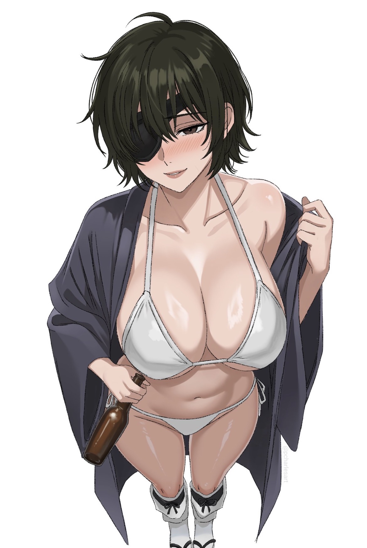 beer, big breasts, bikini, busty, busty female, chainsaw man, charlesart, coat on shoulders, curvy, curvy female, drunk, eyepatch, green hair, himeno (chainsaw man), hourglass figure, juicy lips, short hair, taking off jacket, thick thighs, wide hips