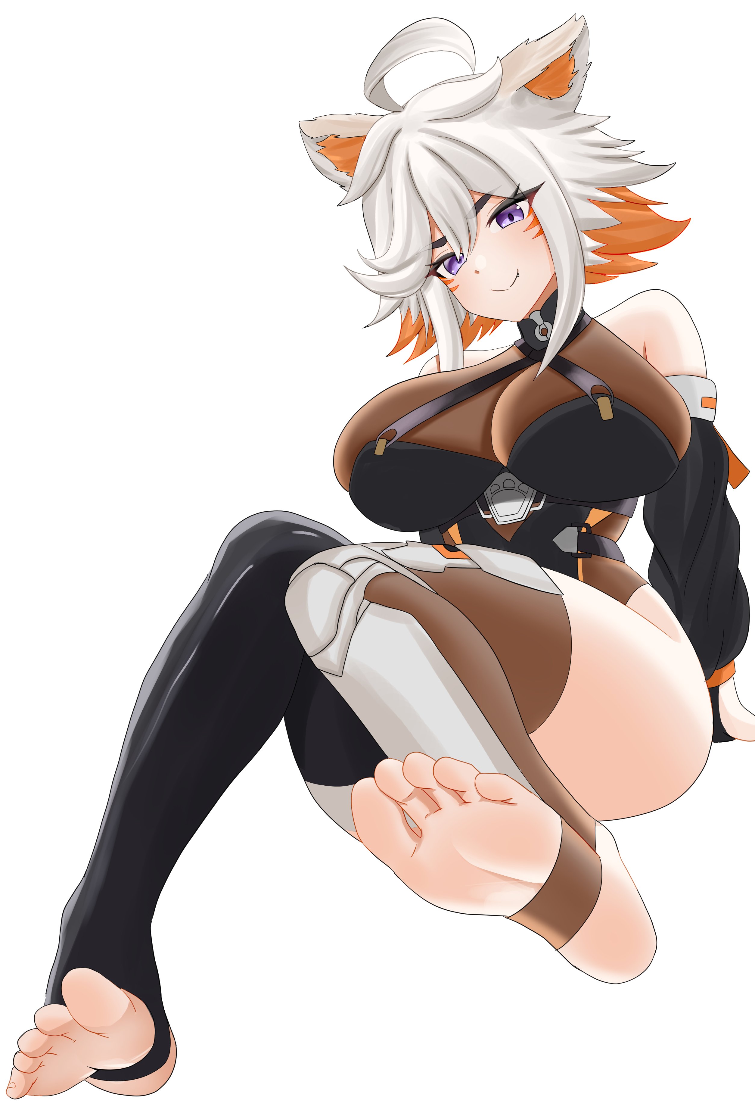1girls, absurdres, ahoge, ass, asymmetrical legwear, bare shoulders, black bridal gauntlets, black thighhighs, breasts, breedable hips, bridal gauntlets, commentary, demenishki, facial mark, feet, female, foot, foot focus, hair between eyes, highres, immortalboobs, indie virtual youtuber, large breasts, leotard, massive breasts, multicolored hair, orange hair, purple eyes, red panda ears, red panda girl, see-through clothes, see-through leotard, short hair, smile, soles, solo, thick thighs, thighhighs, thighs, tits, virtual youtuber, vtuber, whisker markings, white background, white hair, wide hips