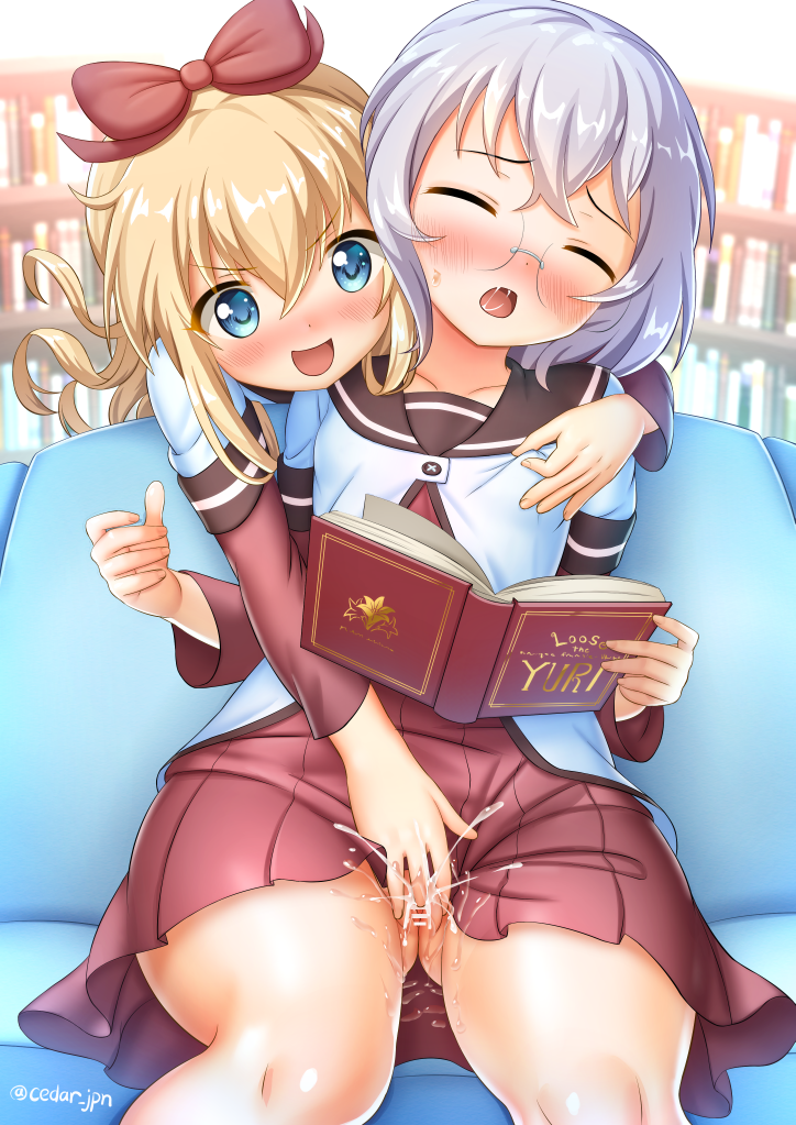 2girls artist_name bar_censor blonde_hair blue_eyes blush book breast_grab breasts cedar_(artist) censored closed_eyes couch female_ejaculation fingering glasses grabbing grabbing_from_behind hair_ribbon ikeda_chizuru indoors library long_hair looking_at_another multiple_girls nanamori_school_uniform nipple_tweak no_panties on_couch open_mouth pussy pussy_juice red_ribbon ribbon saliva school_uniform short_hair silver_hair skirt small_breasts smile sweat thighs toshinou_kyouko yuri yuru_yuri