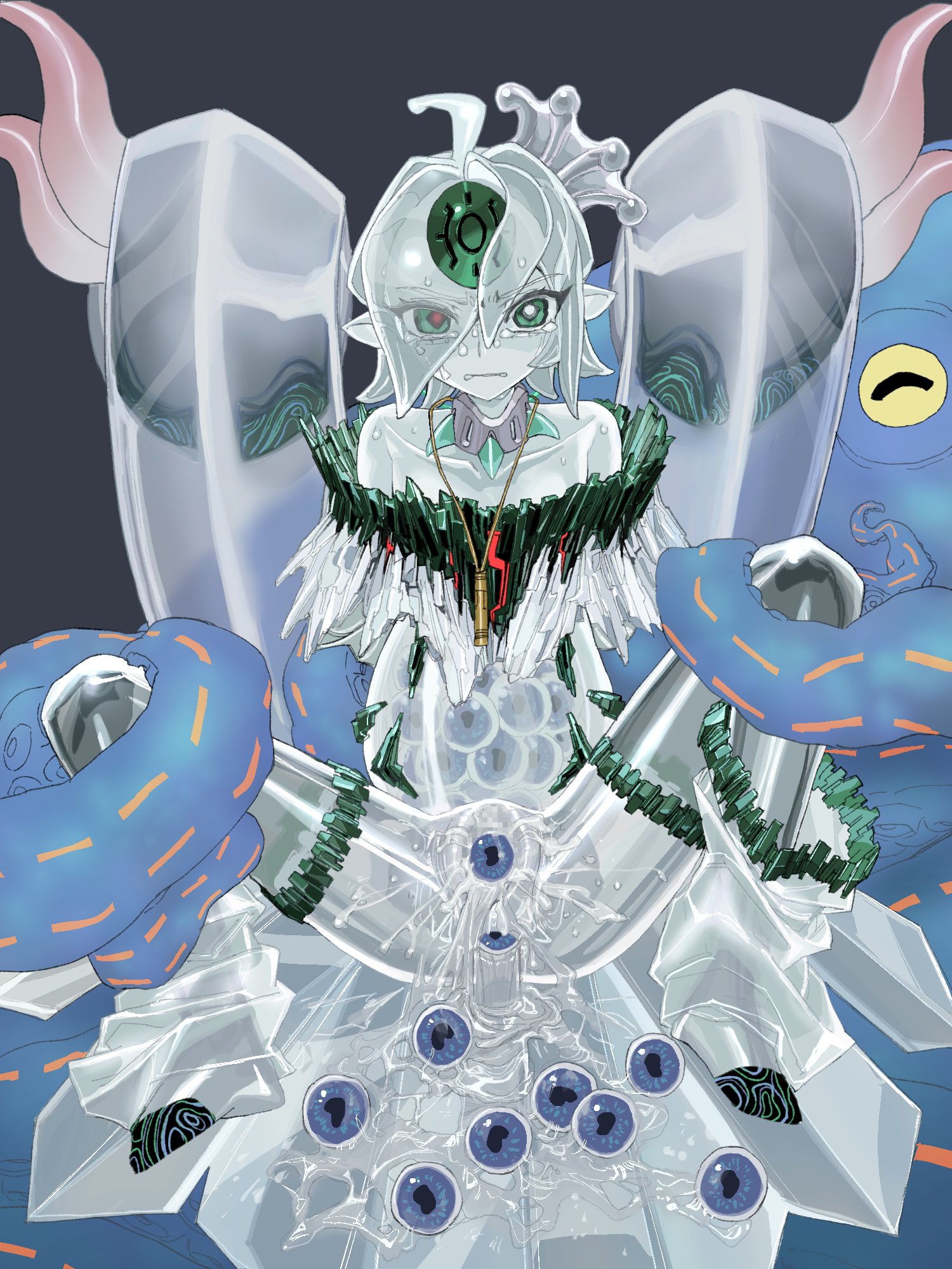1girls, anal, angry, anus, arms behind back, ass, big belly, birth, bound, bound arms, bound legs, clothing, colored skin, crying, cum, duel monster, egg laying, eggnant, eggs, female, full body, grabbed by tentacles, green eyes, hair ornament, hair over one eye, holding legs, humanoid, icejade aegirine, icejade gymir aegirine, impregnated, inflation, interspecies, laying multiple eggs, monster, monster girl, murasaki kagami, nzla03, orrdriver, pale skin, pale-skinned female, pregnant, pussy, restraints, slime girl, spread legs, spread pussy, tears, tentacle, tentacles around body, thighhighs, translucent body, transparent, transparent body, twintails, uterus, vaginal fluids, vaginal squirting, x-ray, yu-gi-oh!