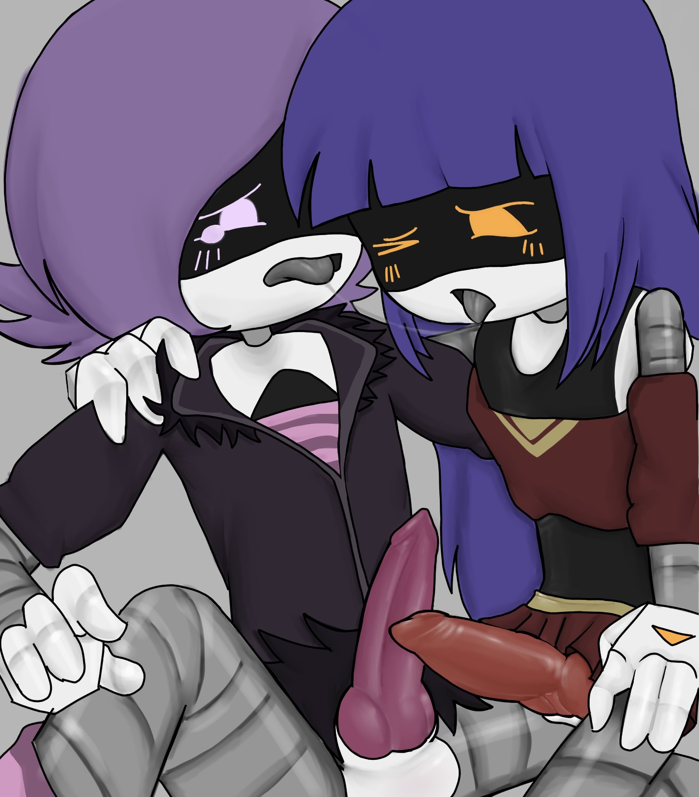2futas, blush, clothed, clothing, doll (murder drones), duo, frottage, frotting, futanari, knot, knotted penis, murder drones, saliva string, self upload, uzi (murder drones), uzi doorman