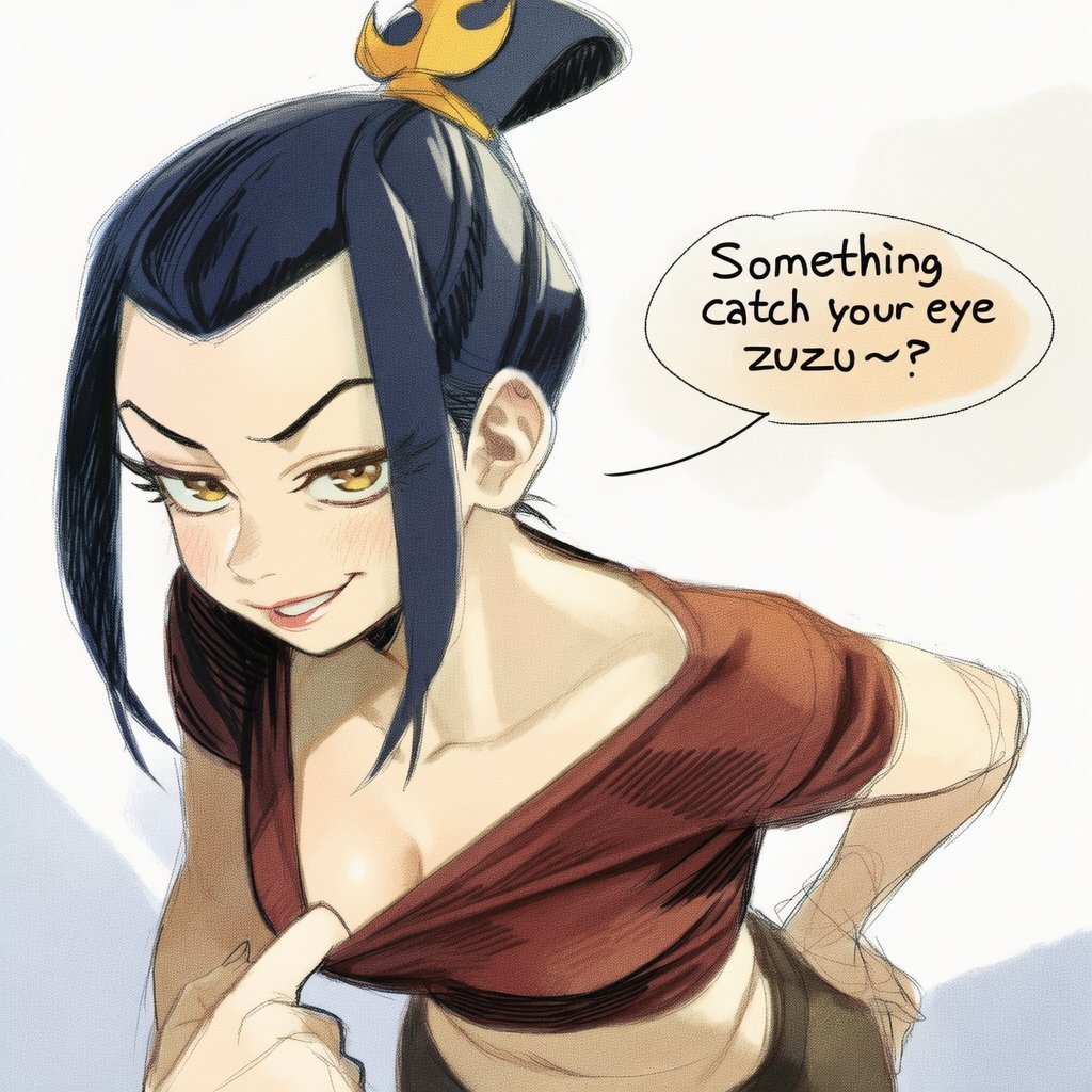 1boy, 1girls, ai generated, avatar the last airbender, azula, big breasts, black hair, blush, blushing, brother and sister, english text, gold eyes, hair ornament, hand on hip, hi res, imminent sex, implied incest, leaning forward, pov, pov eye contact, pulling clothing, pulling own clothes, siblings, simple background, smug, tank top, teasing, text, yellow eyes, zuko