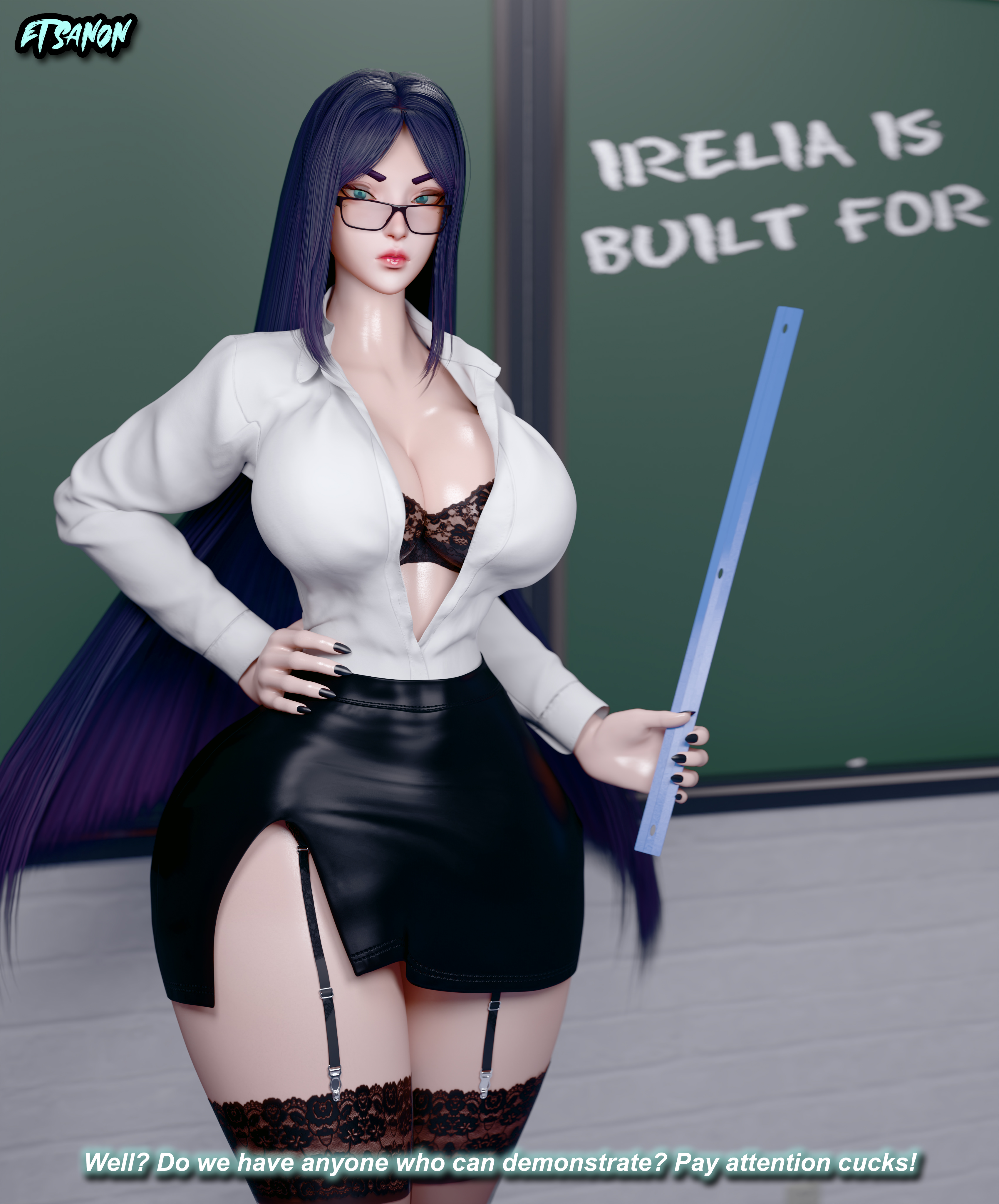 1girl, 3d, 3d artwork, 3d model, 3d render, alternate body type, alternate breast size, angry, angry expression, angry face, beautiful woman, bimbo, bimbo body, bimbo lips, bimbo milf, bimbofied, black bra, black fingernails, black garter straps, black nail polish, black nails, black stockings, black thighhighs, blender, blender (artwork), blender (software), blender cycles, blender cycles (artwork), button down shirt, chalkboard, classroom, cleavage, college, cuckold, cuckold pov, cuckolding, curvaceous, curvaceous female, curvaceous figure, curvy, curvy female, curvy figure, curvy hips, etsa, etsanon, eyeglasses, garter straps, glasses, glossy, glossy body, glossy lips, glossy skin, green eyes, hand on hip, hourglass figure, hourglass figured female, huge ass, huge breasts, huge thighs, irelia xan, league of legends, league of legends: wild rift, light skin, light-skinned female, lipstick, mature female, mature woman, meter, milf, miniskirt, open shirt, pale skin, pale-skin, pale-skinned female, pencil skirt, professor, purple hair, race fetishism, raceplay, revealing clothes, riot games, ruler, scowl, scowling, size queen, stockings, teacher, teacher female, teacher outfit, text, thicc, thicc breasts, thicc thighs, thick hips, thick legs, thick thighs, thighhighs, thin waist, tight skirt, voluptuous, voluptuous female