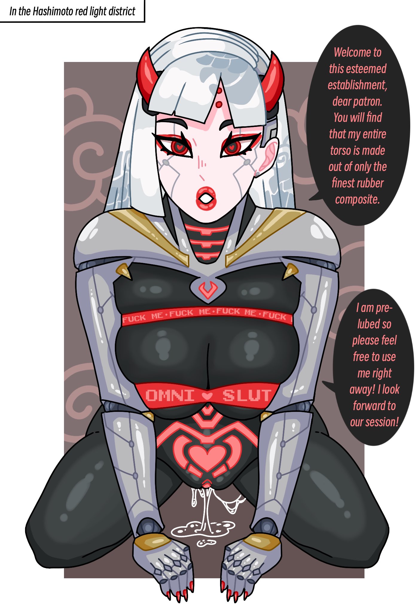 1girls, android, bandage, bangs, big breasts, body markings, female, female only, heart-shaped pupils, horns, kneeling, leaking, leaking pussy, lipstick, long hair, looking at viewer, mechanical, mechanical arms, overwatch, pace r18, prostitution, pubic tattoo, pussy, pussy juice, pussy juice drip, red eyes, red lipstick, red nails, robot, robot girl, robot humanoid, shion (overwatch), slutty female, squish, squished breasts, succubus tattoo, tattoo, text, text bubble, thighs, white hair, white skin