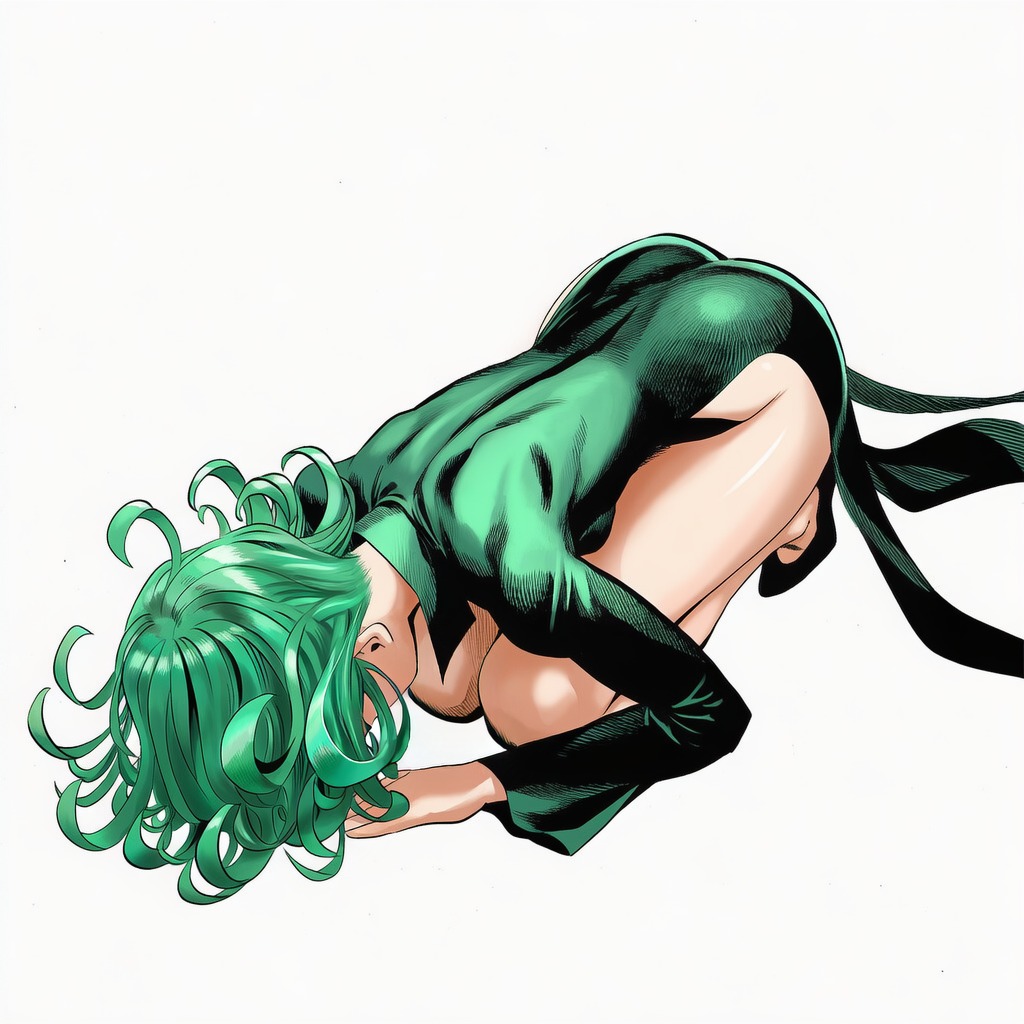 1girls, 2d, accurate art style, accurate body type, ai generated, ai-created, ass, ass focus, back, bare legs, black dress, black footwear, bowing, breasts, cel shading, clothed, clothing, collared dress, curly hair, dogeza, dress, face down ass up, female, female focus, female only, flipped hair, footwear, from above, full body, green dress, green eyes, green hair, head down, high collar, high heels, high resolution, high slit dress, highres, knees to chest, light skin, light-skinned female, line art, long sleeves, looking down, manga style, murata yuusuke (style), no panties, official style, one-punch man, pelvic curtain, petite, shiny clothes, shiny hair, shiny skin, shoes, short hair, shoulder blades, side slit, sideboob, simple background, skin tight, skinny, skinny female, slender body, slender waist, small breasts, solo, solo female, solo focus, tatsumaki, tight clothing, tight dress, tight shirt, top-down bottom-up, viewed from above, white background