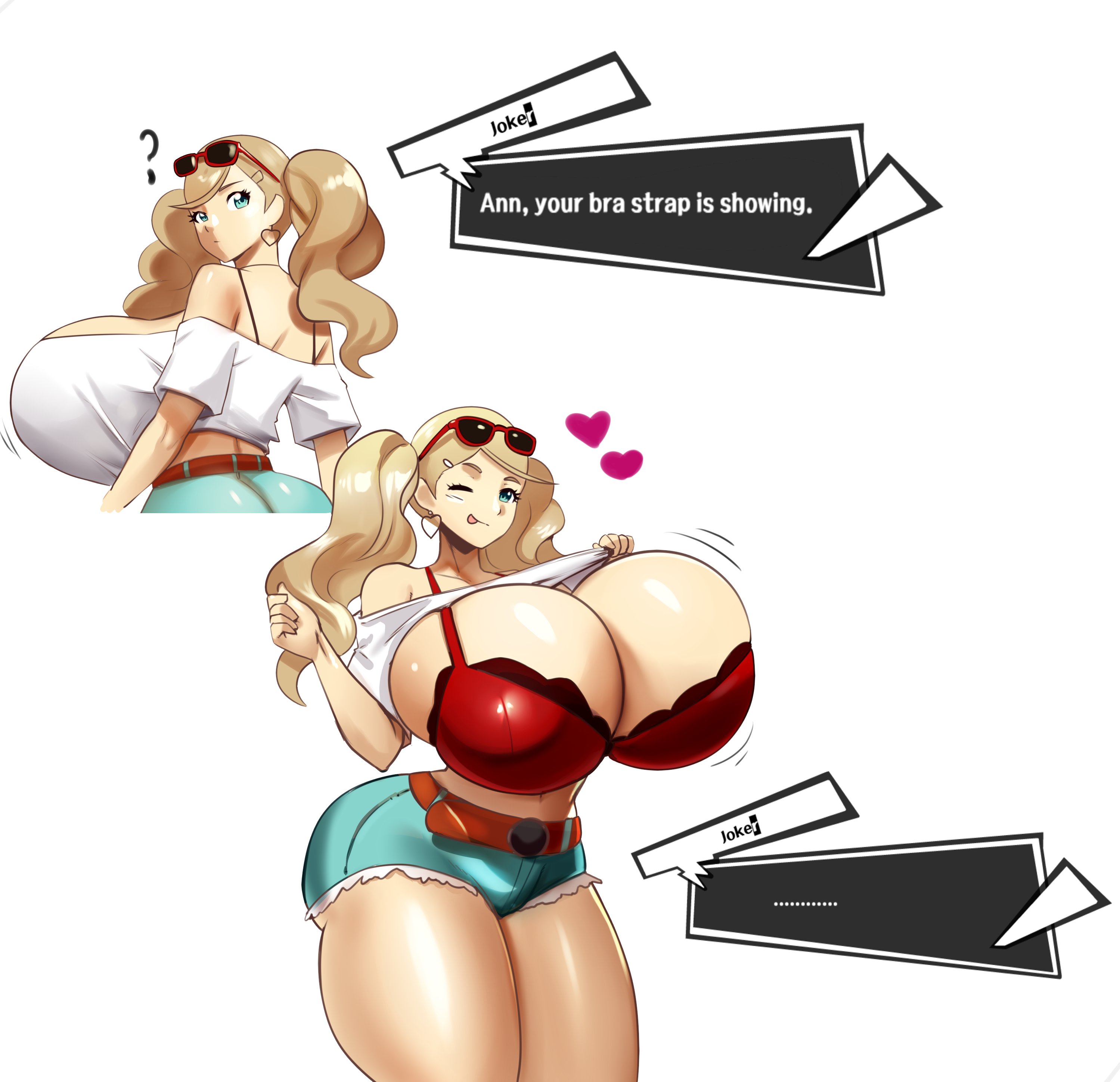 1boy, 1girls, 2d, ann takamaki, ann takamaki (strikers casual), ass, atlus, big breasts, blonde hair, blue eyes, bra, bra strap is showing (meme), breasts, breasts bigger than head, female, huge breasts, hyper, joker (persona), large breasts, light skin, light-skinned female, long hair, male, megami tensei, meme, offscreen character, offscreen male, persona, persona 5, persona 5 scramble: the phantom strikers, ren amamiya, schnauzercito, solo, sunglasses, sunglasses on head, twintails, white background, wink