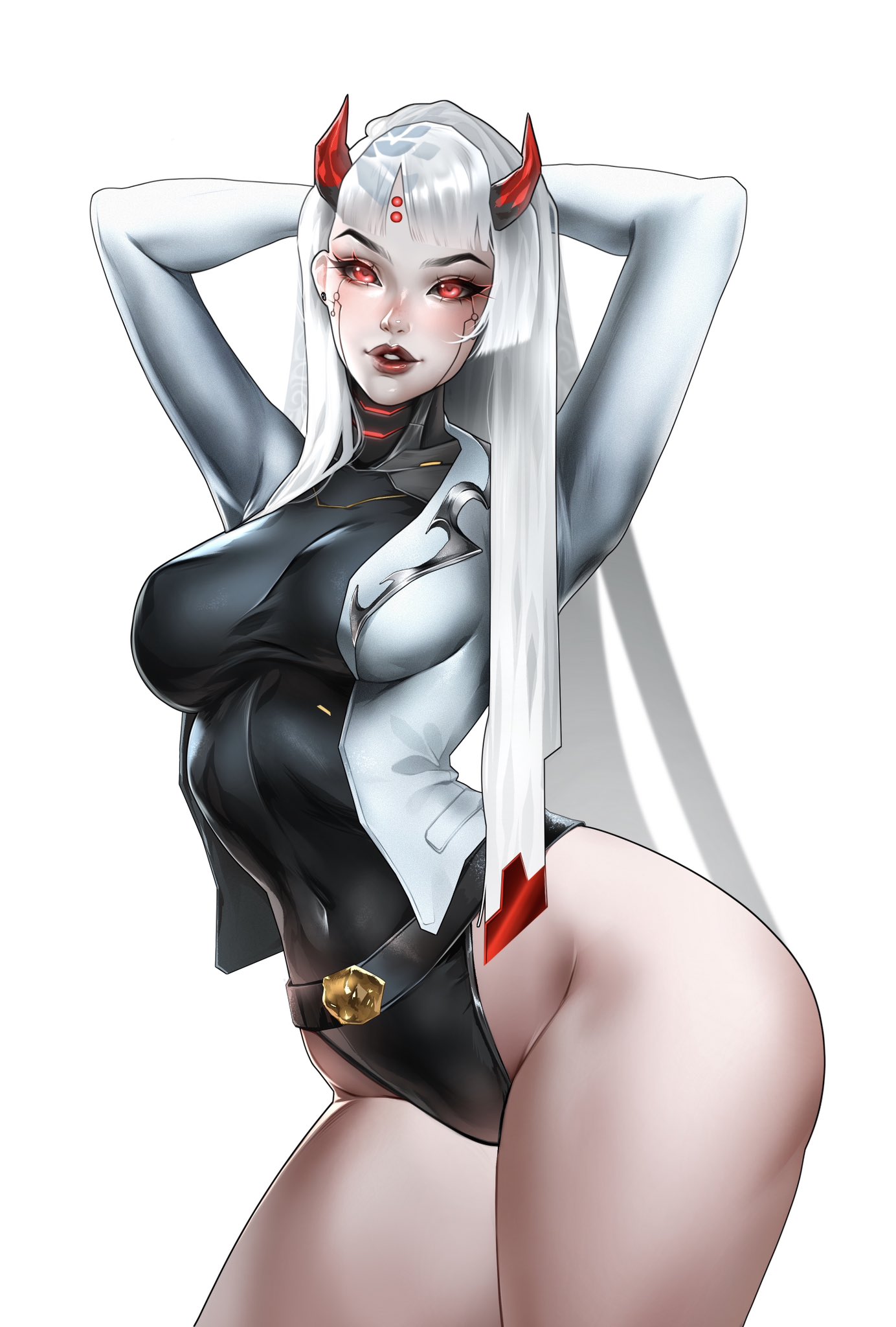 1girls, android, arms behind head, ass, ass up, breasts, curvy, curvy figure, female, female only, horns, jacket, leotard, lipstick, long hair, looking at viewer, mechanical, mechanical arms, medium breasts, overwatch, partially clothed, red eyes, red lipstick, robot, robot girl, robot humanoid, shion (overwatch), shyrinart, smooth skin, solo, solo female, tagme, thighs, white background, white hair, wide hips