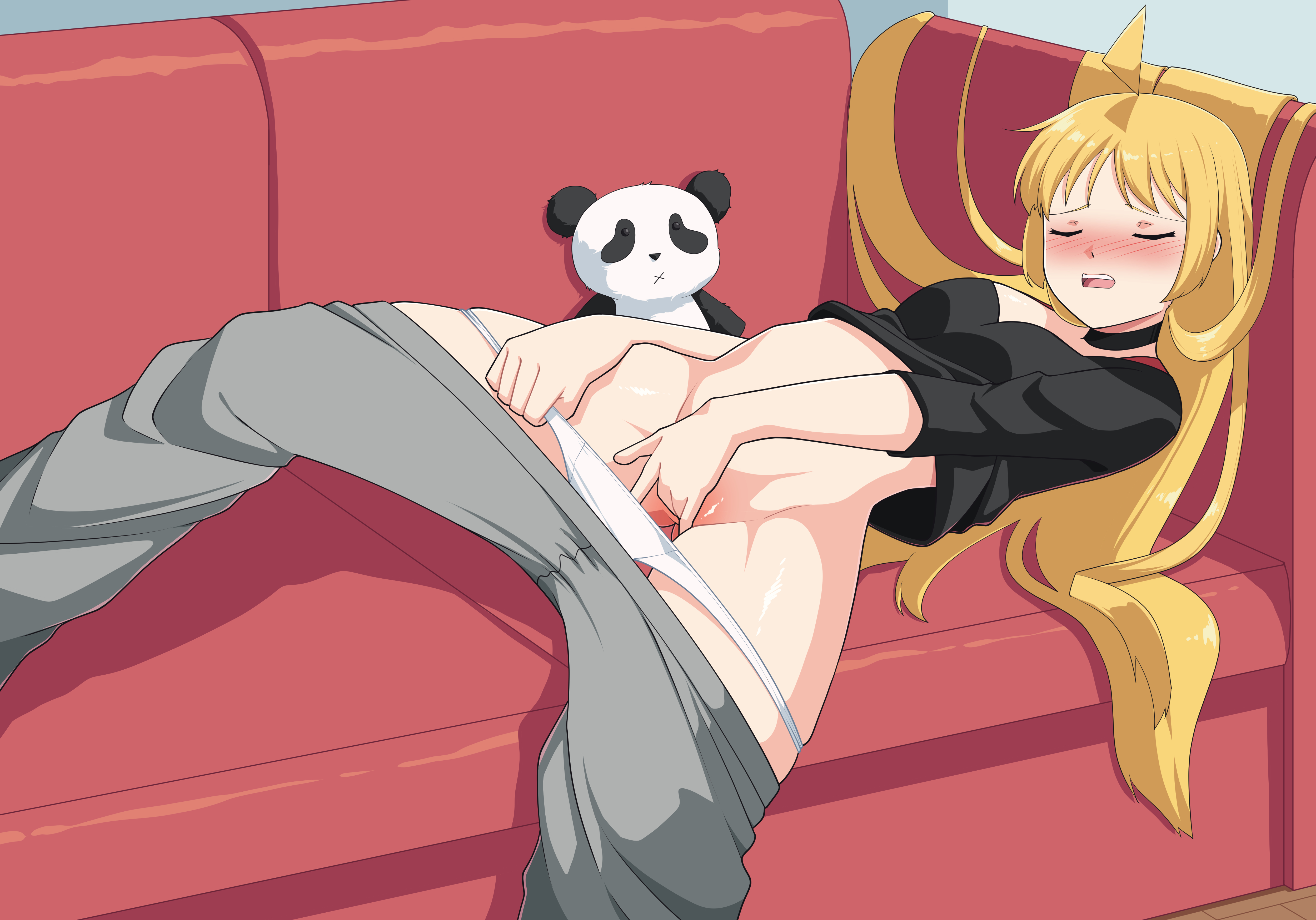 bocchi the rock!, clothed, fingering, fingering self, ijichi seika, masturbation, solo female, stuffed toy, sweatpants