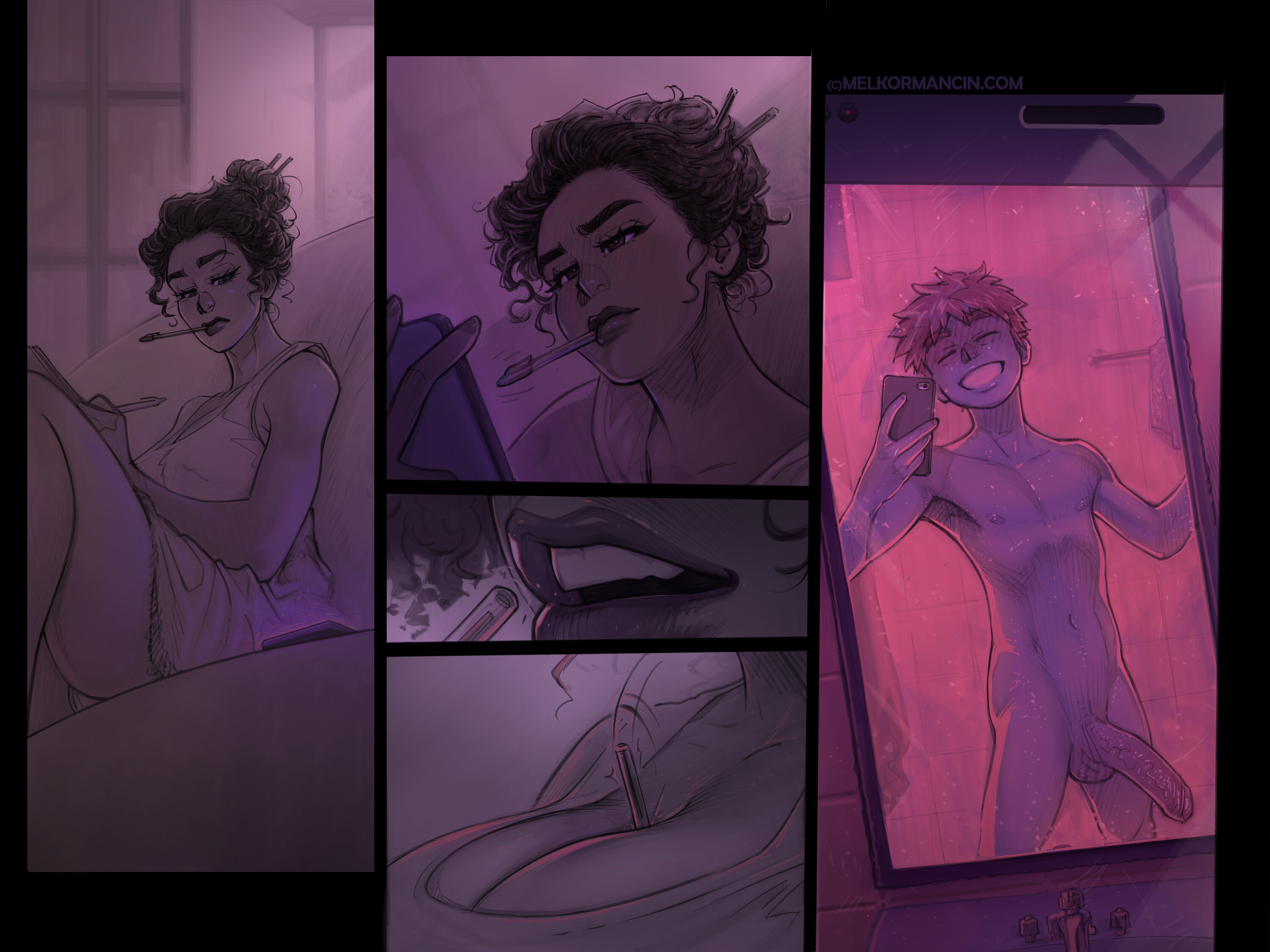 1boy, 1girls, big penis, breasts, clevage, clothed female nude male, comic, dark skin, dark-skinned female, female, hi res, light skin, light-skinned male, male, melkor mancin, ms. pamela, object between breasts, original, pen, penis, penis awe, phone, photo, sexting, shower, smile, tim (melkor mancin)