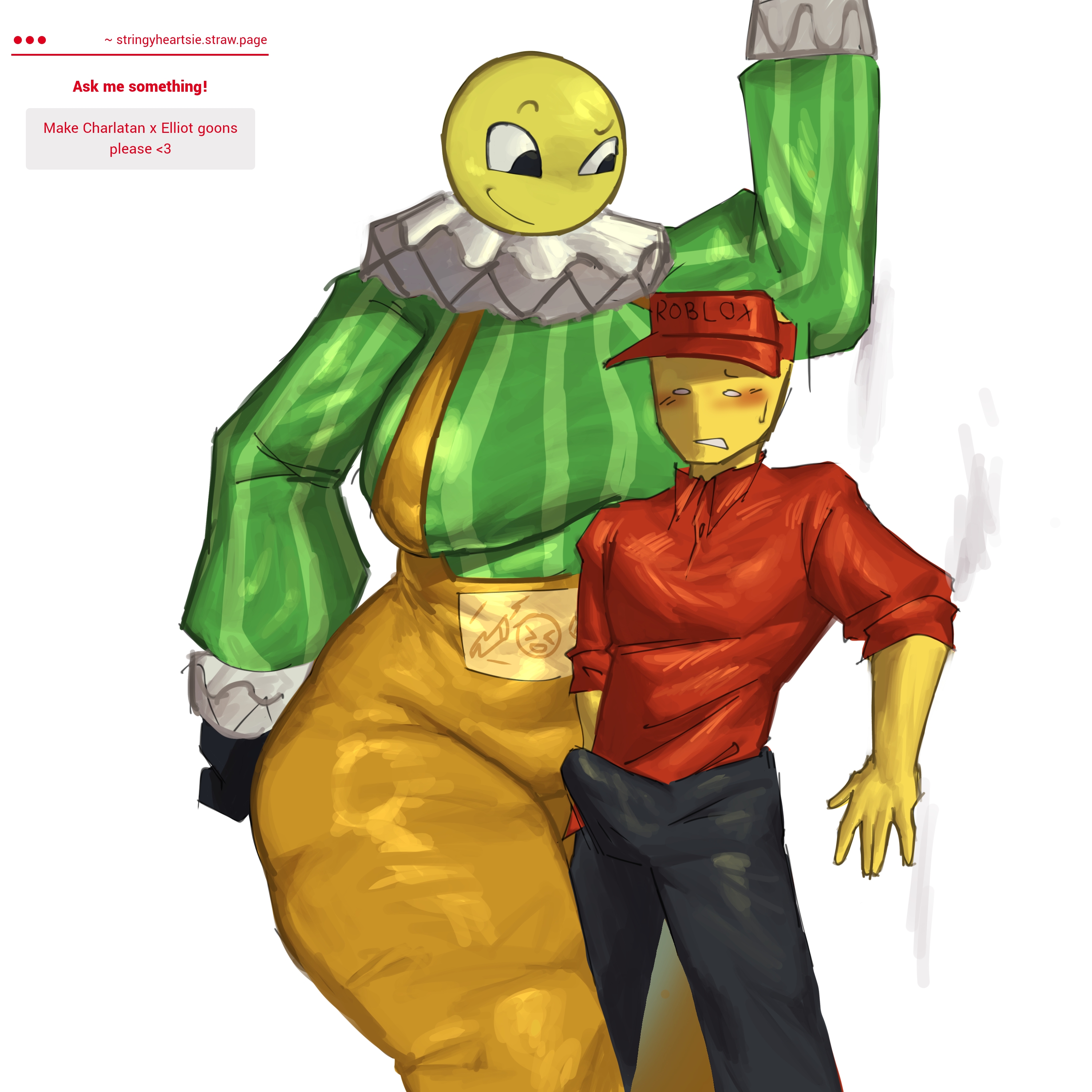 1boy, 1girl, big breasts, big thighs, bigger female, boner, boner in pants, breasts, charlatan (forsaken), clothed, clothed female, clothed male, elliot (forsaken), erect penis, erection, erection under clothes, female, forsaken (roblox), lornan1hater, male, request, roblox, roblox game, robloxian, self upload, shorter male, size difference, smaller male, strawpage request, taller female, thighs
