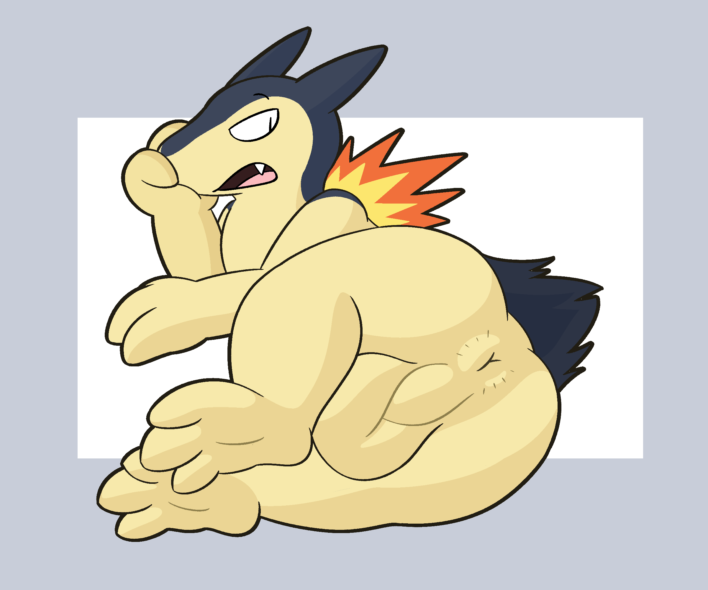 anthro anus ass backsack balls birdvian covering covering_face fangs fire genitals hi_res male male_only nintendo open_mouth paws pokemon pokemon_(species) simple_background solo typhlosion video_games