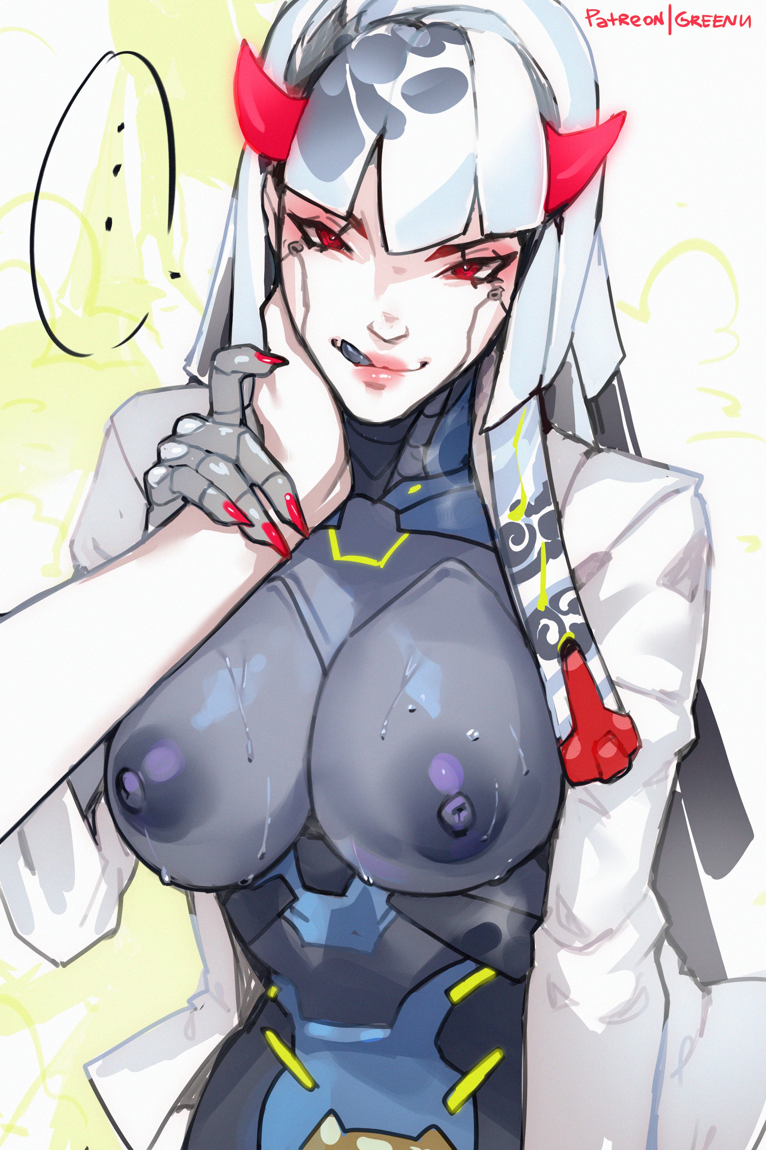1boy, 1girls, android, big breasts, body markings, boobs, boobs out, breasts, breasts out, female, greenu, holding arm, horns, jacket, large areolae, lipstick, long hair, looking at viewer, mechanical, mechanical arms, nipples, overwatch, partially clothed, red eyes, red lipstick, robot, robot girl, robot humanoid, seductive, seductive look, seductive smile, shion (overwatch), simple background, smile, smiling, smiling at viewer, sweat, sweating, sweaty, tagme, text bubble, tongue, touching face, white hair, white skin
