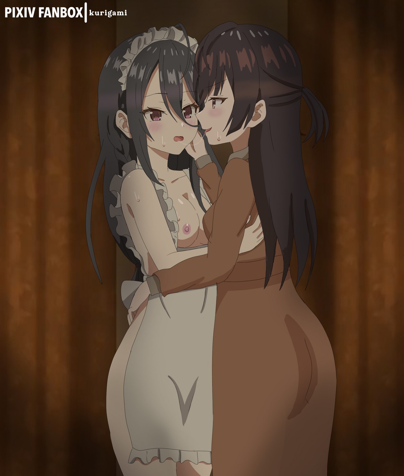 2d, 2d (artwork), 2d artwork, 2girls, after kiss, ahoge, alternate version at source, alternate version available, anime, anime character, apron, apron only, areola, areolae, asian, asian female, asian girl, assertive female, black hair, black-haired female, breasts, brown eyes, brown hair, brown-eyed female, brown-haired female, collarbone, curvaceous, curvaceous body, curvaceous female, curvaceous figure, curvaceous hips, curvaceous teenager, curvy, curvy body, curvy female, curvy figure, curvy hips, curvy teen, digital, digital art, digital drawing, digital drawing (artwork), digital media, digital media (artwork), doga kobo, dominant lesbian, drawing, duo, exposed, fanart, female, female focus, female on female, female only, female protagonist, female with female, female/female, hair between eyes, half naked, half nude, high school student, homosexual, homosexual female, indoor, indoor background, indoor nudity, indoor sex, indoors, indoors sex, interior background, japanese, japanese female, japanese girl, kimishima ayano, kurigami, kurigamiin, large breasts lesbian, lean figure, lesbian, lesbian domination, lesbian focus, lesbian only, lesbian pleasure, lesbians, lesbians naked, little sister, long hair, maid, maid headdress, more at source, multiple females, multiple girls, naked, naked female, naked woman, narrow waist, nipples, nude, nude female, nudity, partially undressed, petite, petite body, petite breasts, petite female, petite girl, petite tits, pink areola, pink areolae, pink nipples, portrait, purple eyes, purple-eyed female, school girl, semi nude, shoulders, slender body, slender waist, slim female, slim waist, small areola, small areolae, small boobs, small breasts, small nipples, small tits, standing, submissive lesbian, suou yuki, teen girl, teenage girl, teenage tits, teenager, thighs, tiny breasts, tiny tits, tokidoki bosotto russian de dereru tonari no alya-san, upper body, white apron, wide hips, young female, young woman, yuri
