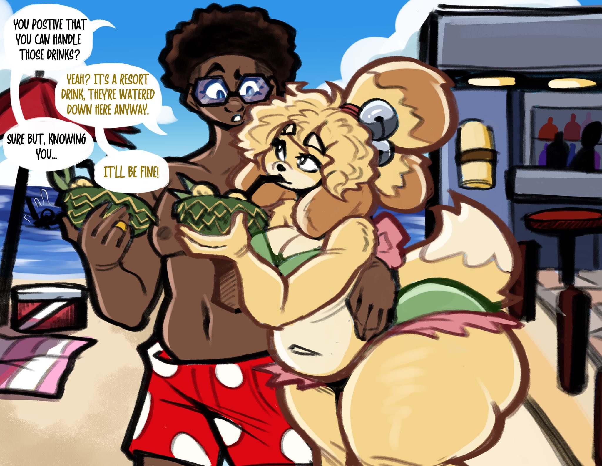 1boy, 1girls, animal crossing, anthro, black hair, canine, dark skin, dark-skinned male, dialogue, female, furry, human, isabelle (animal crossing), male, nathanatwar, outdoors, tail, text, thick thighs, thunder thighs, whateverdoes, wide hips
