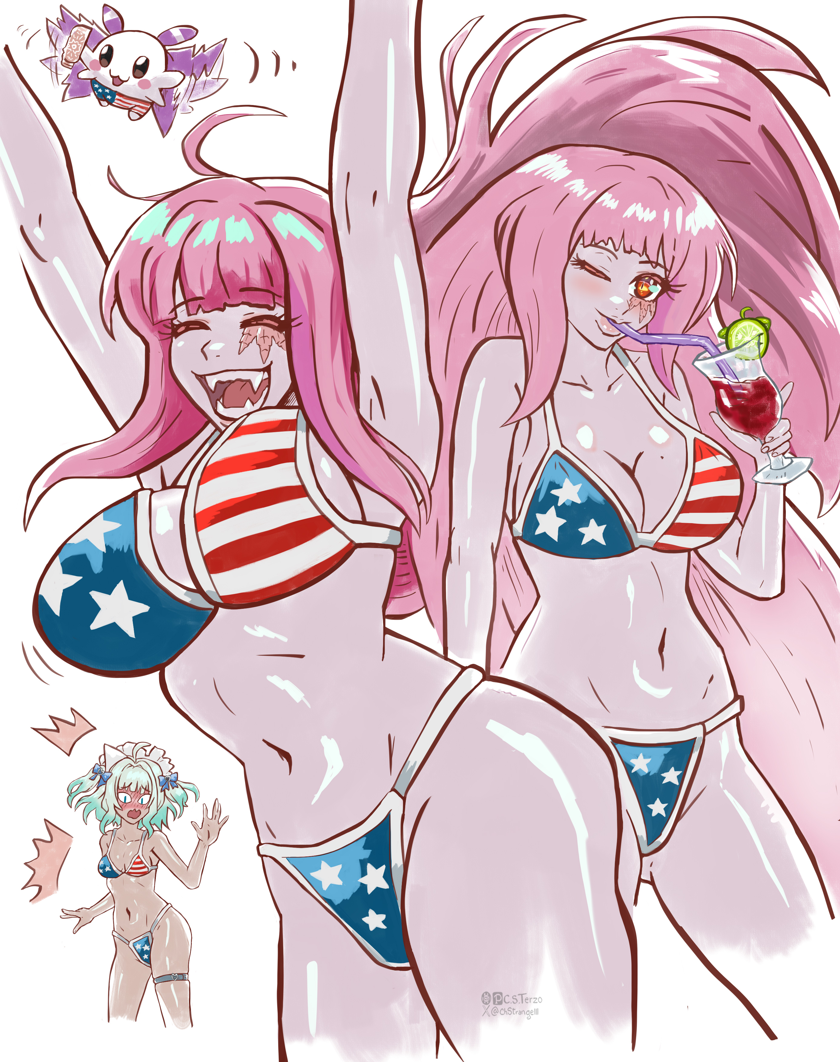 absurdres, ahoge, alternate costume, american flag, american flag bikini, american flag print, aqua hair, armpits, arms up, bikini, blush, breasts, c.s. terzo (chstrangelll), cleavage, closed eyes, commentary, cup, densetsu.exe, drinking glass, drinking straw, drinking straw in mouth, dual persona, english commentary, facial mark, fangs, female, flag print, flag print bikini, gradient hair, groin, highres, indie virtual youtuber, large breasts, long hair, looking at viewer, maid headdress, matara kan, mature female, mint fantome, mole, mole on breast, multicolored hair, multiple girls, navel, one eye closed, open mouth, pink hair, print bikini, red eyes, simple background, small breasts, smile, stomach, swimsuit, thigh strap, tits, triangular headpiece, very long hair, virtual youtuber, vtuber, wavy mouth, white background, white hair