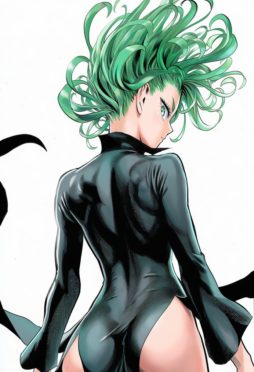 1girls, 2d, accurate art style, accurate body type, ai generated, ai-created, arms at sides, ass, ass focus, ass visible through clothes, back, back view, bare legs, black dress, cel shading, clothed, clothing, collared dress, curly hair, eyebrows, eyelashes, facing away, female, female focus, female only, flipped hair, floating hair, flowing hair, from behind, glaring, green eyes, green hair, head turned, high collar, high resolution, high slit dress, highres, light skin, light-skinned female, line art, long sleeves, looking at viewer, looking back, looking back at viewer, looking over shoulder, manga style, messy hair, murata yuusuke (style), official style, one-punch man, over shoulder, pelvic curtain, petite, rear view, serious, shiny clothes, shiny hair, shiny skin, short hair, side slit, simple background, skin tight, skinny, skinny female, slender body, slender waist, solo, solo female, solo focus, standing, tatsumaki, taut clothes, taut dress, tight clothing, tight dress, upper body, viewed from behind, white background