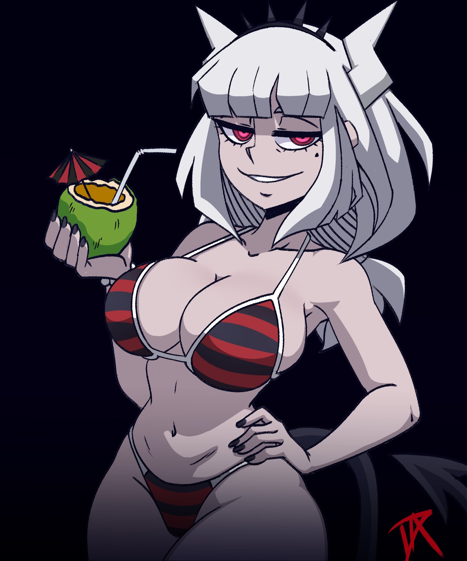 big breasts, bikini, black nails, coconut drink, dalley le alpha, demon girl, female, female only, helltaker, horns, lucifer (helltaker), red eyes, tail, white hair