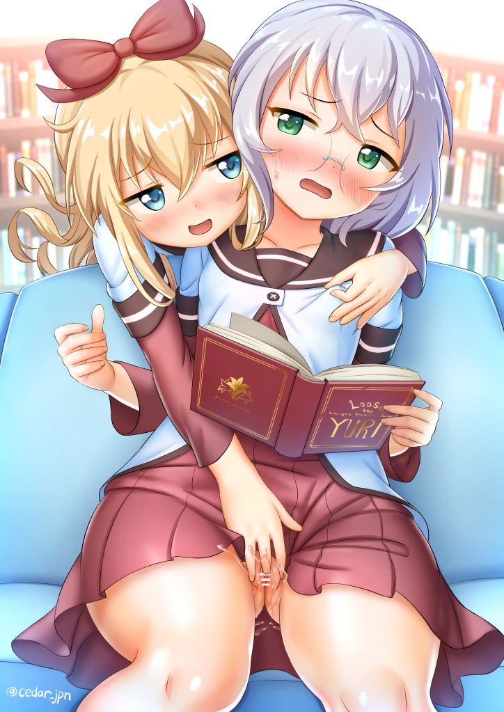 2girls artist_name bar_censor blonde_hair blue_eyes blush book breast_grab breasts cedar_(artist) censored couch fingering flat_chest glasses grabbing grabbing_from_behind green_eyes hair_ribbon ikeda_chizuru indoors library long_hair looking_at_another multiple_girls nanamori_school_uniform nipple_tweak no_panties on_couch open_mouth pussy pussy_juice red_ribbon ribbon school_uniform short_hair silver_hair skirt small_breasts smile sweat thighs toshinou_kyouko yuri yuru_yuri