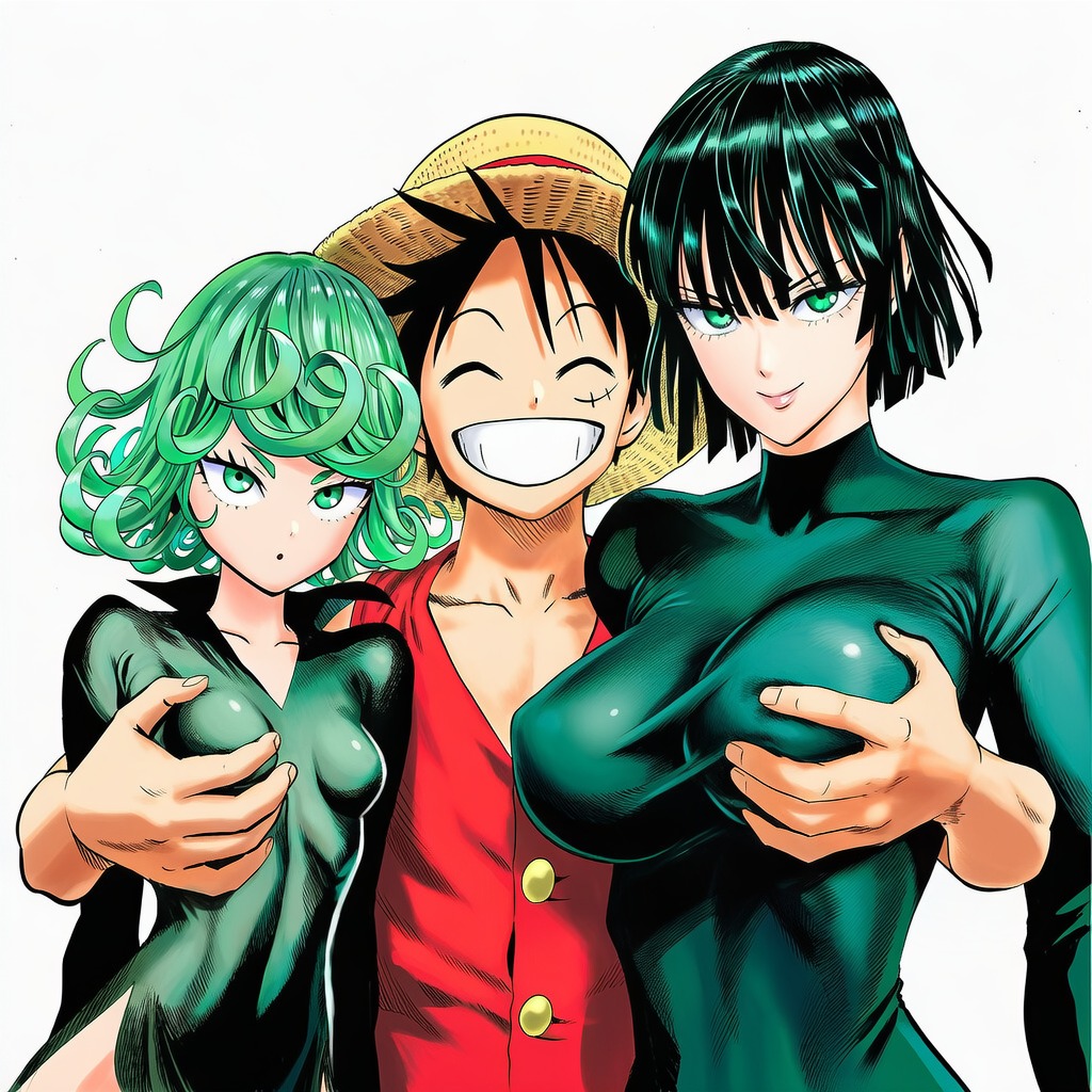 :o, 1:1, 1boy, 2d, 2girls, accurate art style, accurate body type, ai generated, arm behind back, arms at sides, big breasts, black dress, black hair, breast focus, breast grab, breasts, breasts apart, busty, busty female, cel shading, closed eyes, clothed, clothing, collarbone, collared dress, covered navel, covered nipples, crossover, curly hair, curvaceous, curvy, curvy figure, erect nipples, erect nipples under clothes, eyebrows, eyelashes, facing viewer, female, ffm threesome, flipped hair, front view, fubuki (one-punch man), girl sandwich, grabbing, grabbing another's breast, grabbing breasts, grabbing from behind, green dress, green eyes, green hair, groping, groping breast, groping breasts, groping from behind, happy, hat, headwear, hetero, high collar, high slit dress, highres, impossible clothes, large breasts, light skin, light-skinned female, light-skinned male, line art, long sleeves, looking at viewer, male, manga style, monkey d luffy, multiple females, multiple girls, murata yuusuke (style), nipple bulge, nipples, no bra, official style, older female and younger male, one piece, one-punch man, open mouth, open-mouth smile, parted lips, pelvic curtain, perky breasts, petite, red shirt, sandwiched, scar, scar on cheek, scar on face, shiny clothes, shiny hair, shiny skin, short hair, siblings, side slit, simple background, sisters, size difference, skin tight, skinny, skinny female, sleeveless, slender body, slender waist, small breasts, smile, standing, straight, straw hat, tatsumaki, taut clothes, taut dress, teeth, teeth showing, tight clothing, tight dress, upper body, v-shaped eyebrows, white background, younger male