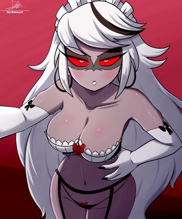 1girls, 1milf, 2026, 2d, alternate hairstyle, amazon prime, artist signature, big breasts, black panties, bra, carmilla carmine, cleavage, curvy, demon girl, demon milf, earrings, elbow gloves, fanart, g-string, garter straps, hand on hip, hazbin hotel, hoop earrings, hourglass figure, lingerie, long hair, looking at viewer, maid, maid headdress, maid lingerie, mommy, no ai, panties, red background, red eyes, selfie, solo, spindlehorse toons, strapless, the-butch-x, vivienne medrano, vivziepop, white hair