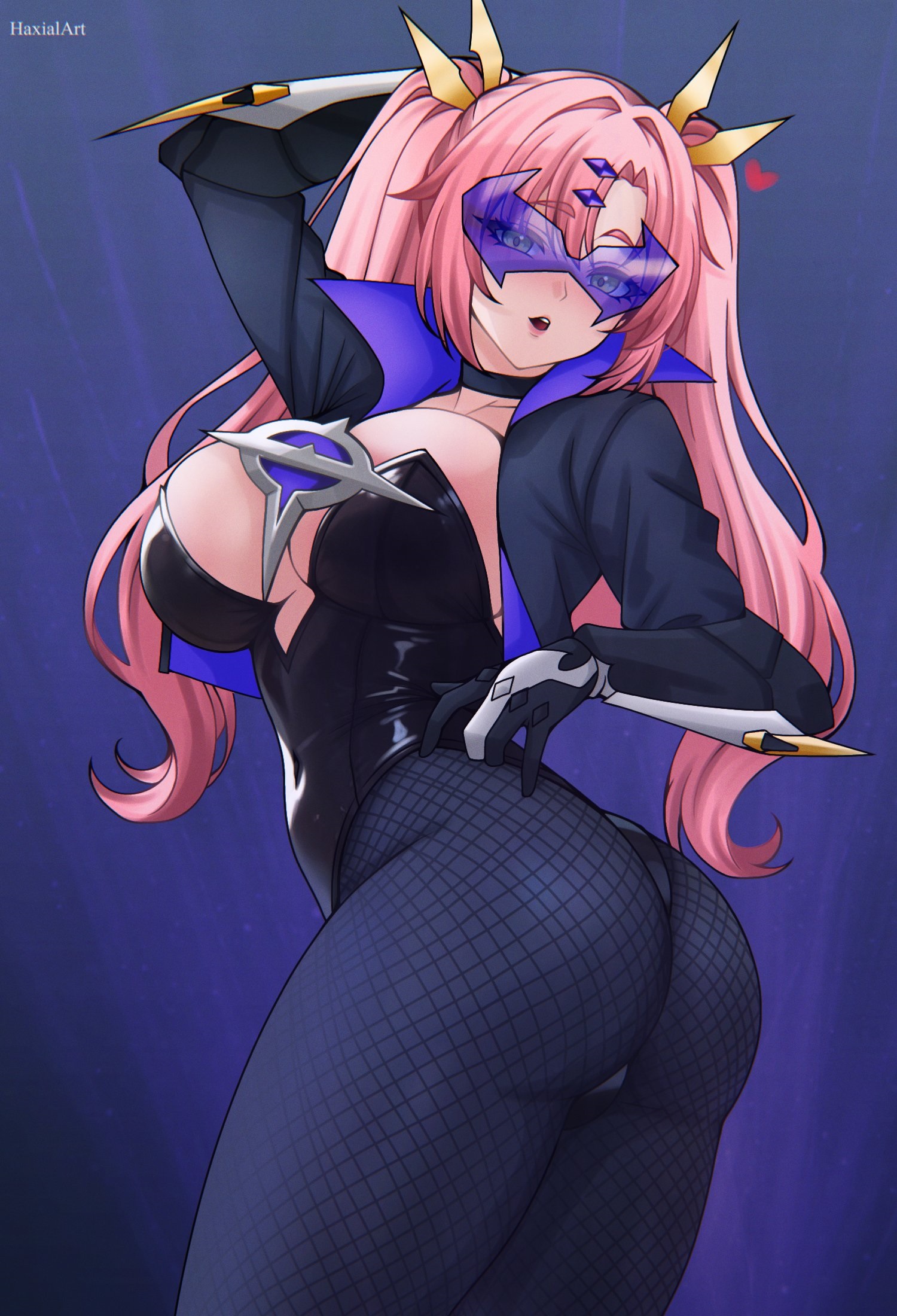 1girl, adjusting clothes, adjusting leotard, alternate costume, arm up, ass, black choker, black jacket, black leotard, black pantyhose, breasts, choker, commentary, cropped jacket, english commentary, eye mask, fishnet pantyhose, fishnets, green eyes, haxial, heart, highleg, highleg leotard, highres, huge ass, jacket, large breasts, leotard, long hair, looking at viewer, mask, nicole demara, pantyhose, parted lips, pink hair, simple background, solo, strapless, strapless leotard, thick thighs, thighs, twintails, zenless zone zero