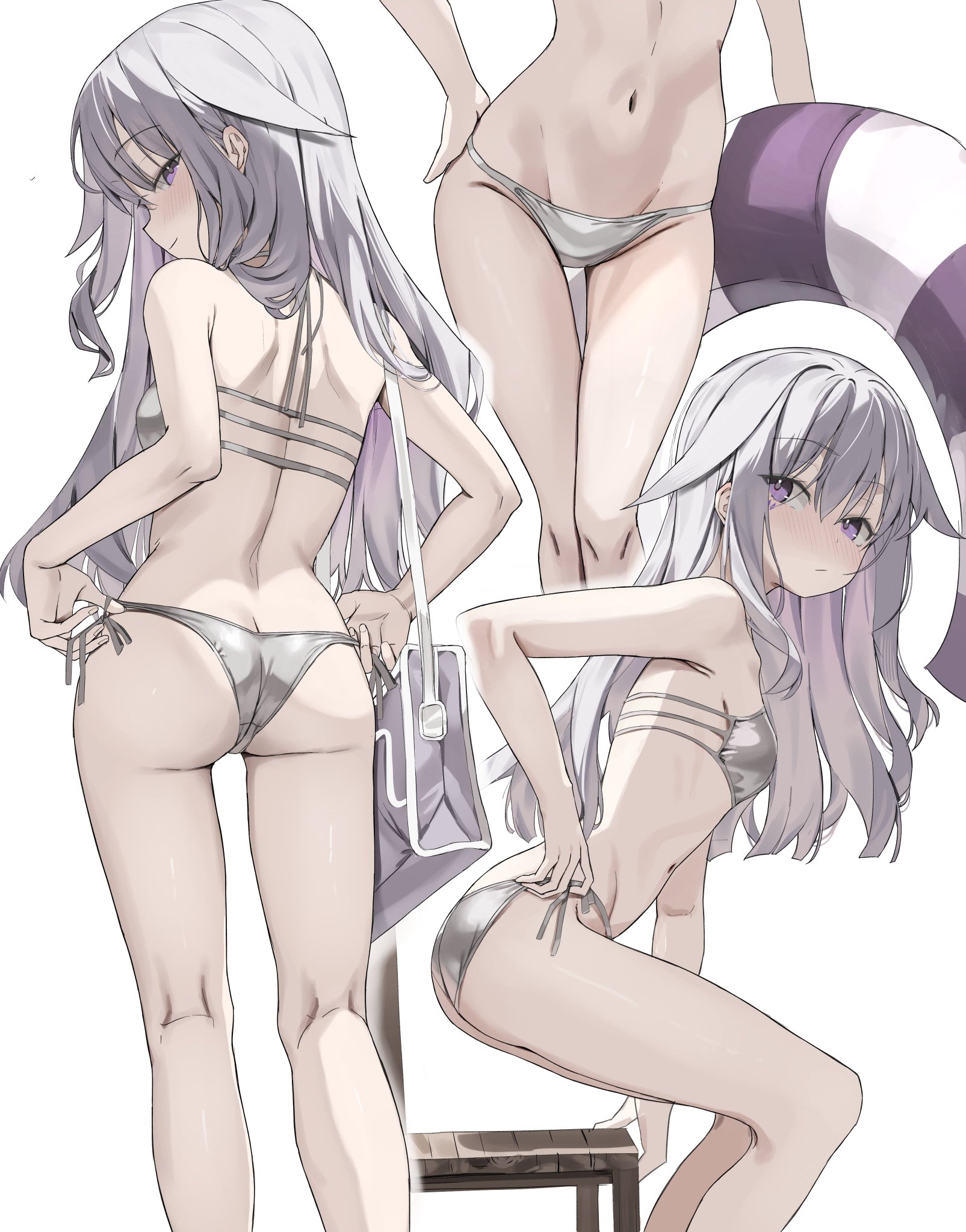 2026, 2d, 2d (artwork), ass, bikini, blush, color, colored, dressing, female, female focus, female only, hololive, hololive english, hololive english -advent-, koseki bijou, light skin, light-skinned female, lingerie, lingerie only, long hair, petite, petite body, petite female, purple hair, savior4429, scarlet (wv0102), small breasts, solo, solo female, solo focus, standing, swimsuit, virtual youtuber