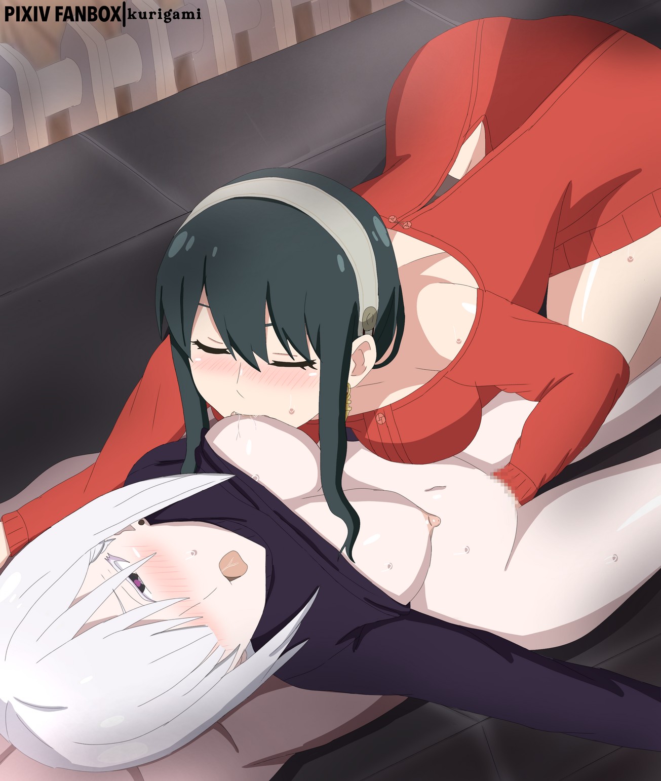 2d, 2d (artwork), 2d artwork, 2girls, adoptive mother, adult, adult female, almost naked, almost nude, anime, anime character, anime milf, areola, areolae, aroused, aroused expression, aroused face, aroused female, aroused look, assertive female, atisfied look, belly, belly button, big boobs, big breasts, black eyes, black hair, black sweater, black topwear, black-eyed female, black-haired female, blush face, blush lines, blushing, blushing at another, blushing at partner, blushing female, blushing lines, bob cut, breast sucking, breast sucking during sex, breasts, busty, busty female, busty girl, busty milf, censored, censored genitalia, censored pussy, censored vagina, cleavage, closed eyes, cloverworks, collarbone, curvy milf, dangling breasts, digital, digital art, digital drawing, digital drawing (artwork), digital media, digital media (artwork), dominant lesbian, drawing, duo, earrings, enjoying, exposed, fanart, female, female fingering female, female focus, female in heat, female on female, female only, female pleasuring female, female protagonist, female with female, female/female, finger in pussy, fingering, fingering another, fingering partner, fingering pussy, fingering vagina, fiona frost, flushed, flushed face, fondling pussy, groin, hair between eyes, hairband, half-closed eyes, hanging breasts, head tilt, homosexual, homosexual female, homosexual sex, horny, horny expression, horny eyes, horny female, hot milf, house background, in heat, indoor, indoor background, indoor nudity, indoor sex, indoors, indoors sex, inguinal crease, inguinal ligament, interior background, inverted bob, kurigami, kurigamiin, large boobs, large breasts, large breasts lesbian, lean figure, lesbian, lesbian domination, lesbian focus, lesbian only, lesbian pleasure, lesbian sex, lesbians, lesbians naked, lewd expression, lewd face, licking breast, licking nipples, licking tits, long hair, looking pleasured, lustful expression, lustful eyes, lustful gaze, lying, lying down, lying on another, lying on back, lying on breasts, lying on couch, lying on person, lying on sofa, lying on stomach, mature, mature female, mature woman, medium hair, midriff, milf, mosaic censoring, mostly nude, mother, multiple females, multiple girls, naked, naked female, naked woman, narrow waist, navel, nearly nude, nightfall (spy x family), nipple licking, nipple stimulation, nipple suck, nipple sucking, nipples, nude, nude female, nudity, on back, on breasts, on stomach, open mouth, orgasm face, parted lips, pink areola, pink areolae, pink nipples, pleased, pleasure, pleasure face, pleasured, pleasured face, portrait, practically nude, pussy, pussy rub, red eyes, red sweater, red topwear, red-eyed female, rubbing pussy, satisfied, satisfied expression, satisfied female, sensual expression, shonen jump, shoulders, sidelocks, slender body, slender waist, slim female, slim waist, spy, spy x family, submissive lesbian, sucking breast, sucking breasts, sucking nipple, sucking nipples, sweat, sweat on body, sweat on breasts, sweat on face, sweat on stomach, sweatdrop, sweater, sweater up, sweating, sweaty, sweaty belly, sweaty body, sweaty breasts, sweaty chest, sweaty face, sweaty female, sweaty legs, sweaty sex, sweaty thighs, thick thighs, thigh gap, thighs, tilted head, tongue, topwear, topwear aside, topwear up, touching pussy, turned on, upper body, vaginal stimulation, vulva handjob, white hair, white hairband, white-haired female, wide hips, wit studio, woman, woman sucking breast, yor briar, yor forger, young looking female, yuri