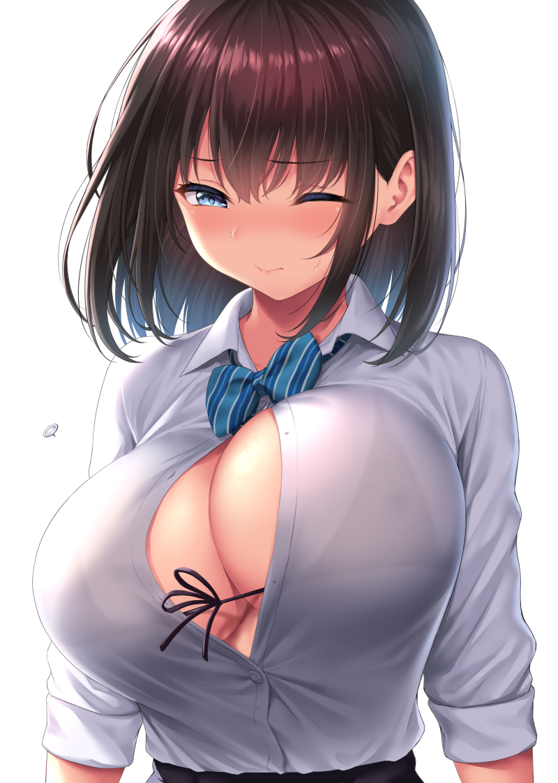 1girls, accidental exposure, bangs, big breasts, bikini, bikini top, bikini under clothes, black bikini, blue bow, blue eyes, blush, bow, bowtie, breasts, brown hair, bursting breasts, buttons, cleavage, closed mouth, clothed, clothed female, collared shirt, dress shirt, embarrassed, female, female only, fully clothed, huge breasts, kase daiki, large breasts, looking at viewer, one eye closed, open clothes, open shirt, original, original character, popped button, school uniform, see-through, shirt, short hair, simple background, sleeves rolled up, solo, solo female, striped, striped bow, sweat, swimsuit, wardrobe malfunction, white background, white shirt