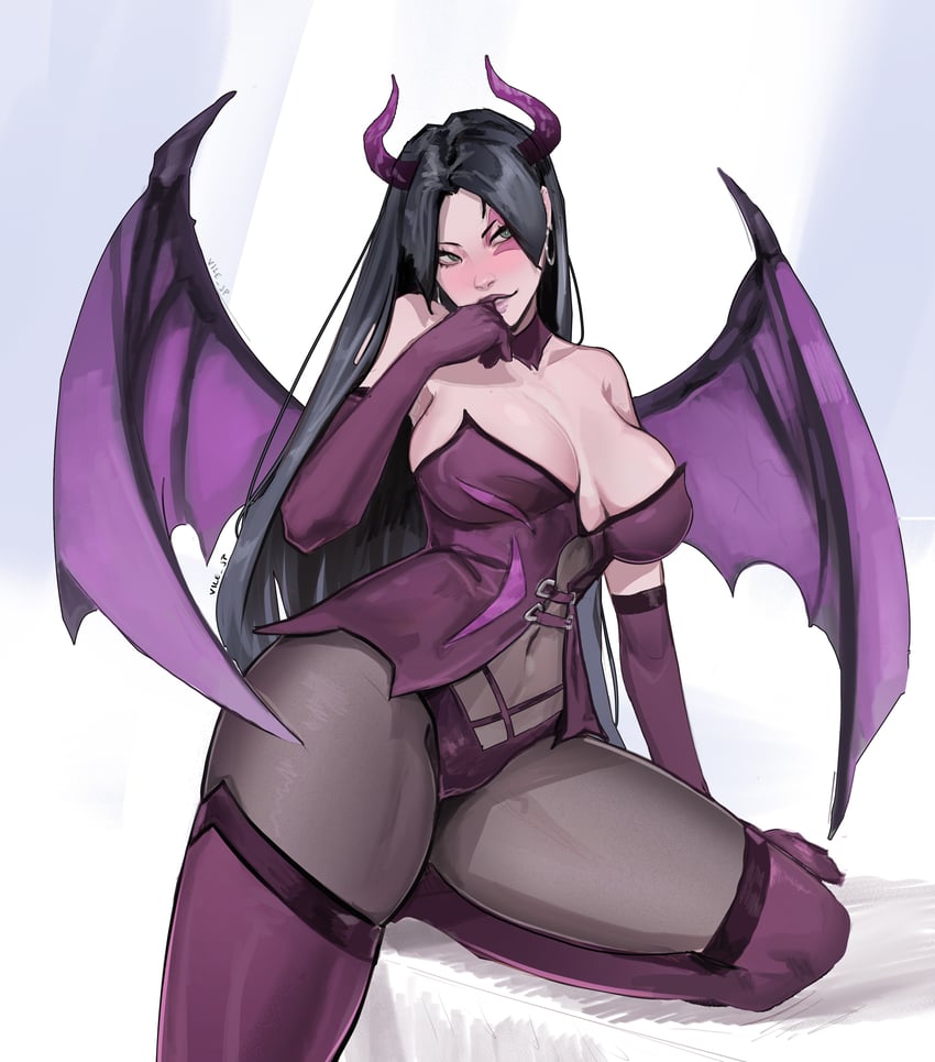 2d, alternate costume, asian, asian female, bat wings, big breasts, black hair, blush, breasts, cleavage, clothed, covered navel, curvy, curvy female, curvy figure, elbow gloves, facial mark, fully clothed, gloves, horns, japanese, japanese female, large breasts, lips, long hair, marvel, marvel comics, marvel rivals, mutant (marvel), psylocke, psylocke (sai), psylocke (sai) (vengeance), skindentation, solo, thick thighs, thighhighs, thighs, vile jp, wide hips, wide thighs, wings