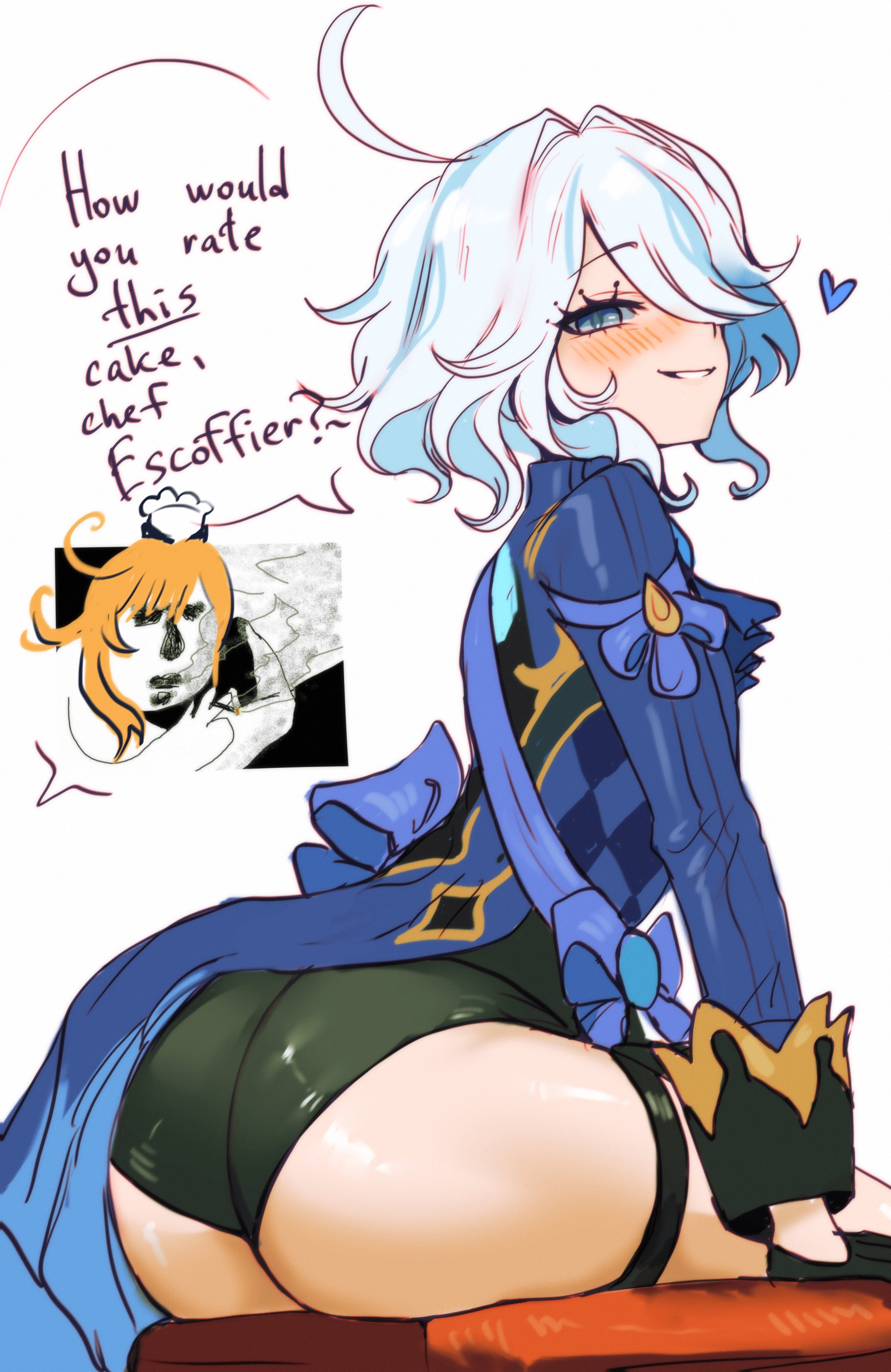 2d, 2d (artwork), 2girls, ass, ass focus, english text, escoffier (genshin impact), female, female focus, female only, furina (genshin impact), genshin impact, large ass, light skin, light-skinned female, looking back, oyxee, text, thick thighs, thighs, white background, wide hips
