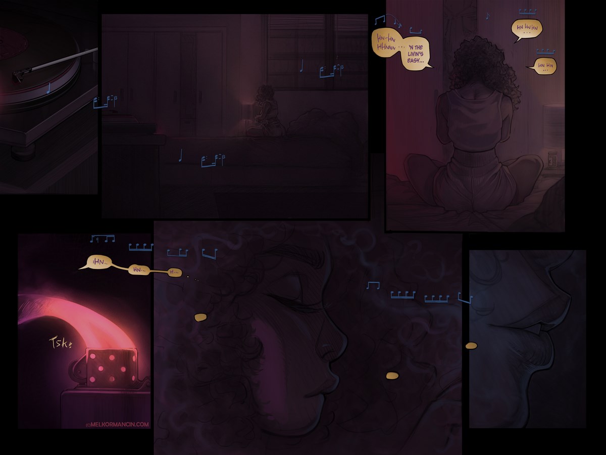 1girls, closed eyes, dark skin, dark-skinned female, female, lighter, melkor mancin, ms. pamela, music note, original, room