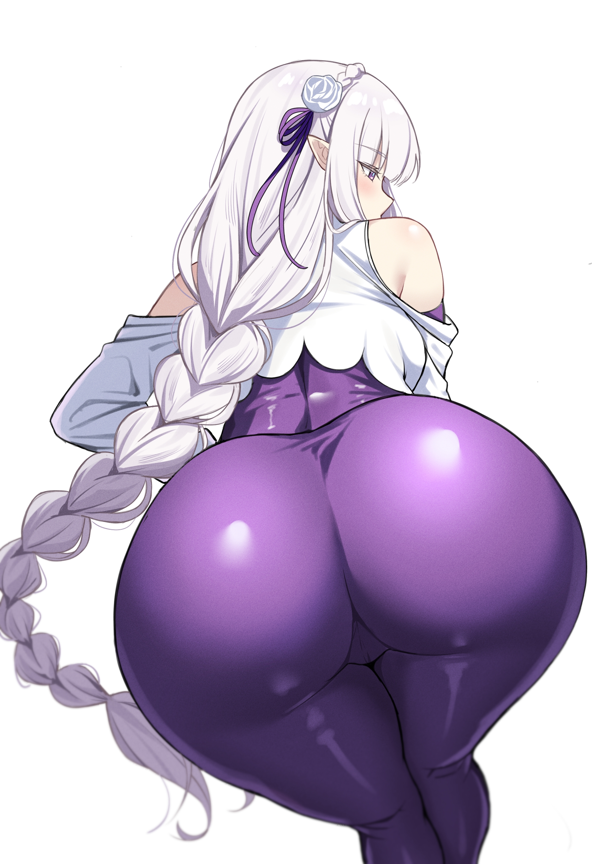 1girls, ass focus, back view, braided hair, cameltoe, elf, elf ears, elf female, emilia (re:zero), female, female only, large ass, leaning forward, leotard, purple eyes, re:zero kara hajimeru isekai seikatsu, reia 76, silver hair, skin tight suit, solo, thighs, white background, white hair