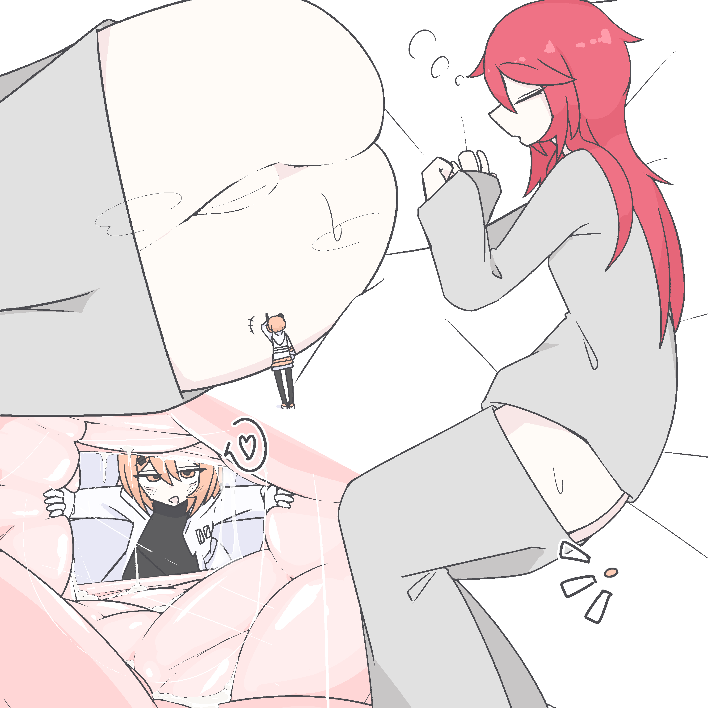 adachi rei, female, female only, female prey, giantess, kasane teto, pussy juice, size difference, spread pussy, unbirthing, voifoooork, vore, white background, yuri