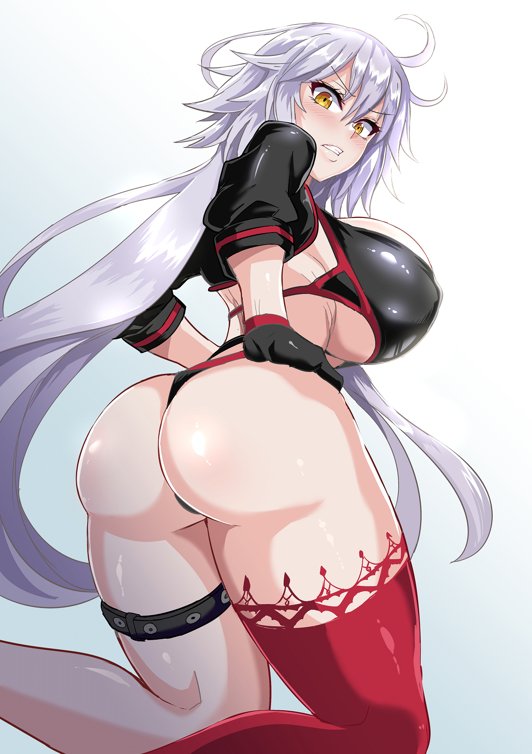 1girls, angry, ass, bikini armor, breasts, fate (series), fate/grand order, female, huge ass, jeanne alter, jeanne d'arc (alter) (fate), jet puri, large breasts, long hair, sideboob, simple background, skimpy clothes, thong, white background, white hair, yellow eyes