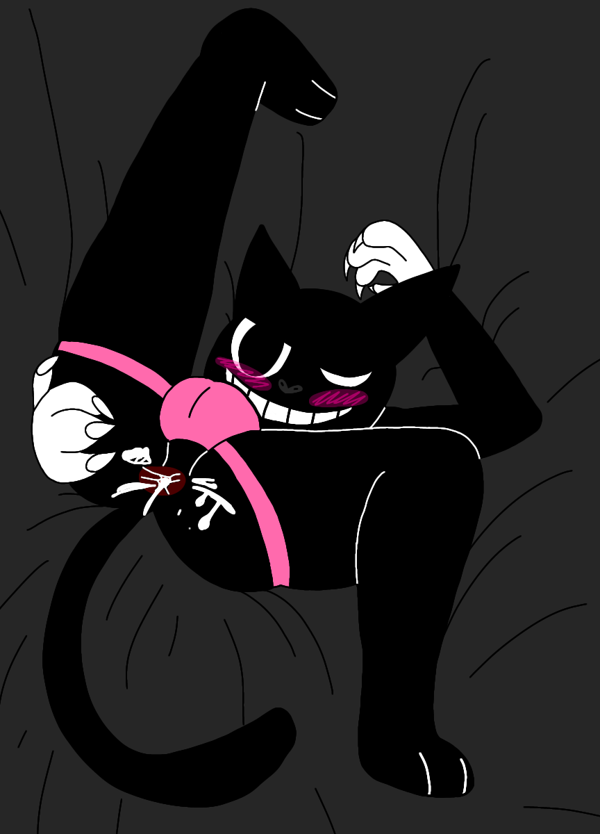 1boy anthro asshole balls big_balls big_eyes black_bed black_eyes black_fur black_nose blush cartoon_cat cat_ears cat_tail claws cum_in_ass cum_in_pussy cute feline gay grabbing_ass leg_up legs_open looking_at_viewer male_only male_penetrating on_bed paws pink_panties riskaver_(artist) smiling top_view white_gloves winking yaoi