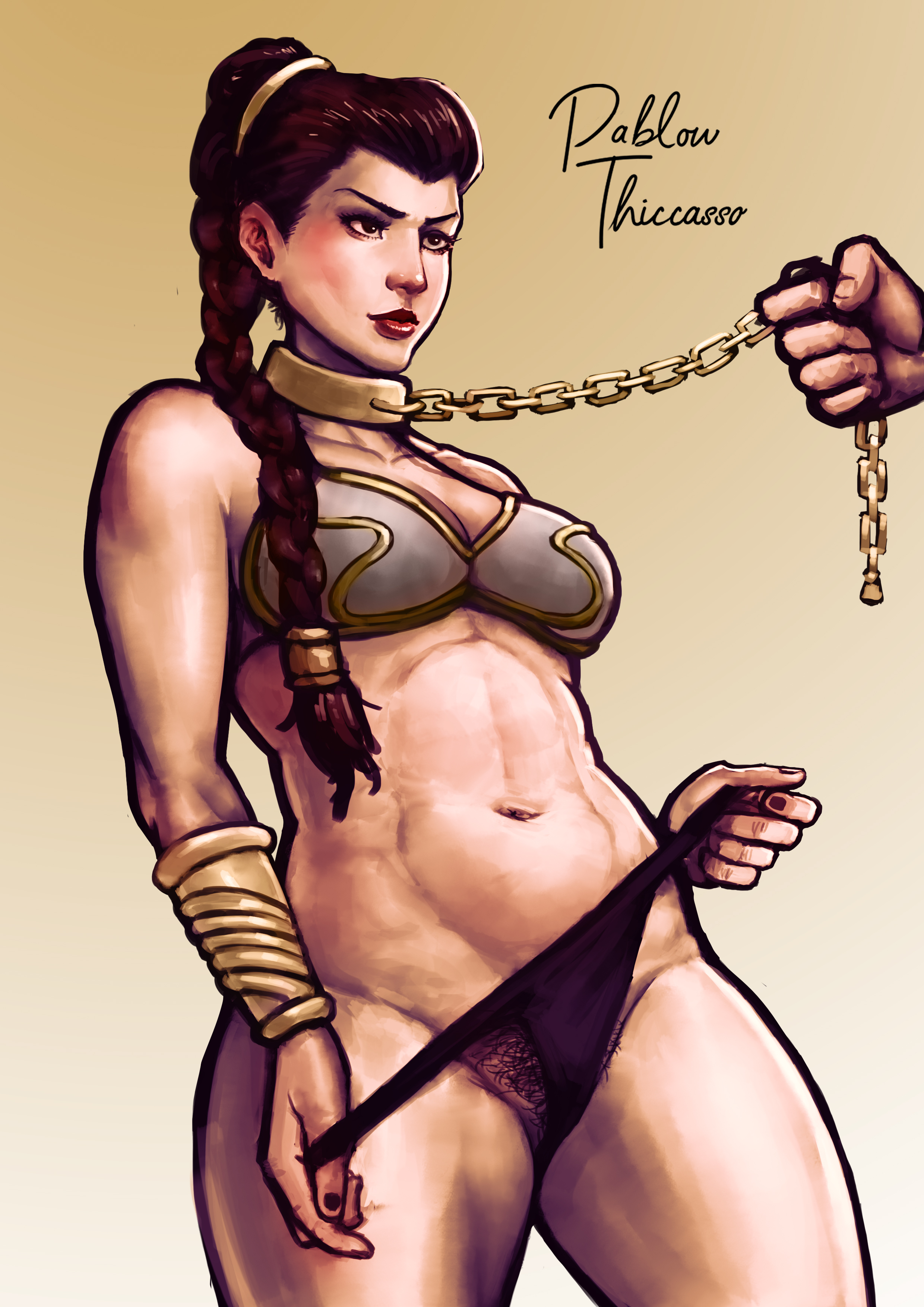 1girls, bondage, bra, braided ponytail, brown hair, chains, cleavage, collar, female, light skin, light-skinned female, lipstick, long hair, muscular, muscular female, pablowthiccasso, pale skin, pale-skinned female, panties, plump lips, pose, princess leia organa, pubic hair, pubic hair peek, red lipstick, sex slave, simple background, slave, slave leia, standing, star wars, teasing, thick thighs, thighs, thong