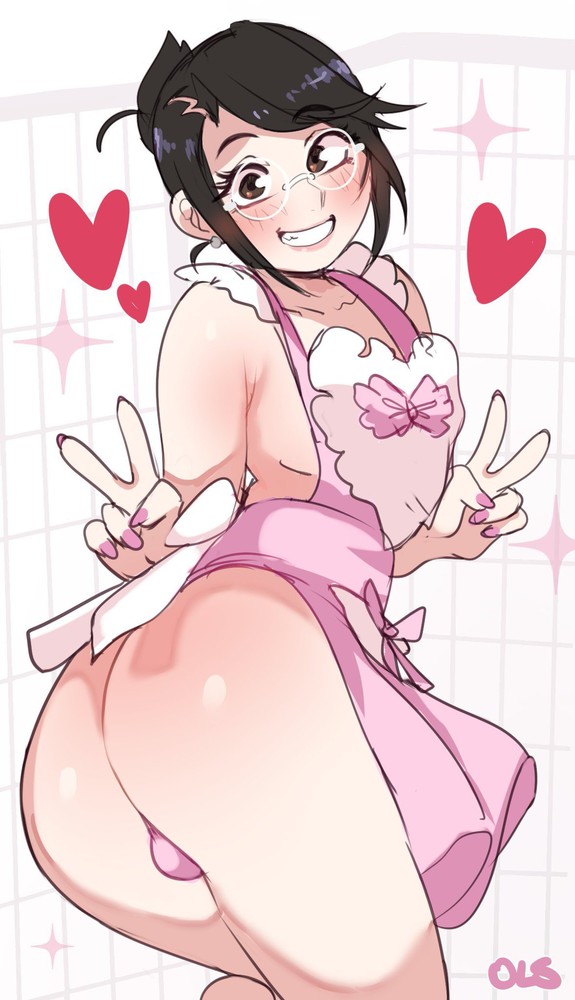 1boy, apron, ass, big ass, black hair, femboy, girly, glasses, heart, lightsource, male, male only, pink nails, solo, trap