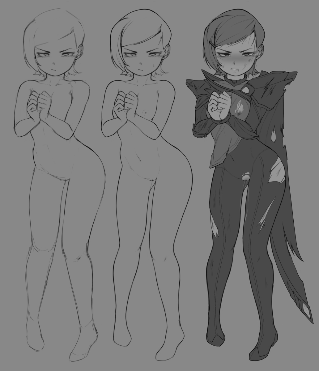 angry, ben 10, blush, bound, bound wrists, cosplay, defeated, female, fiora laurent, gwen tennyson, league of legends, mayhem (artist), monochrome, naked, short hair, sketch, skin tight, torn clothes, young