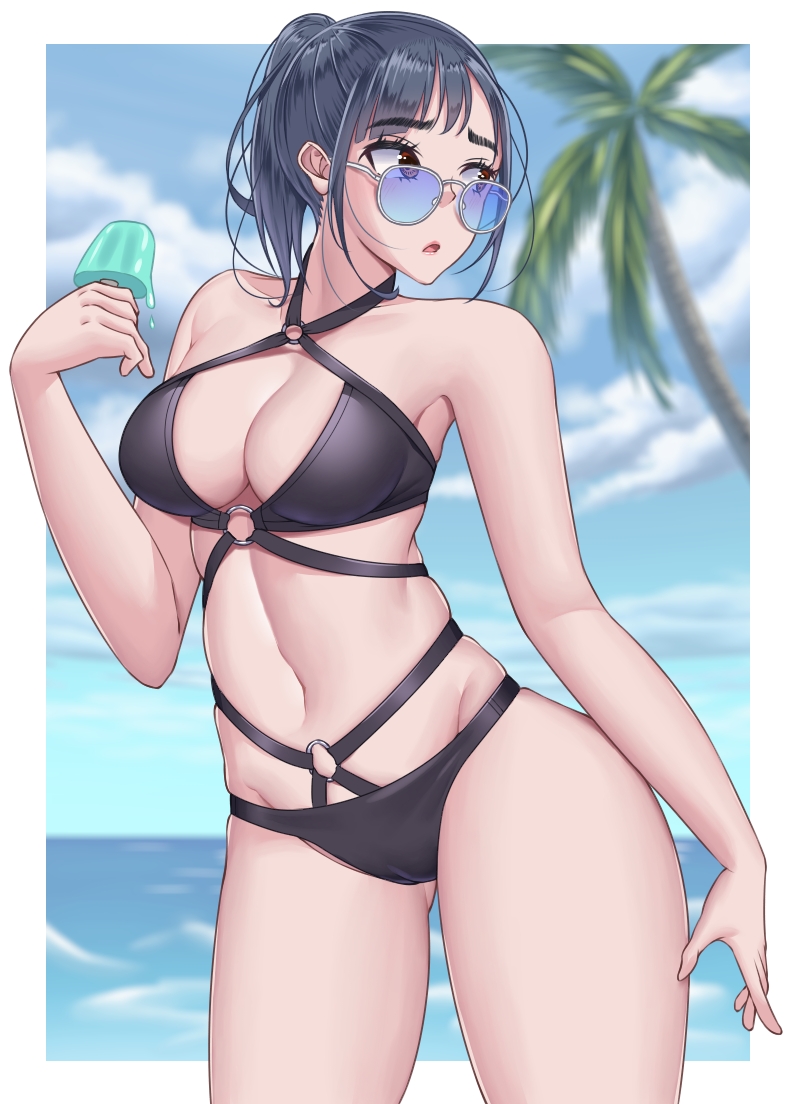 1girls abs bangs beach bikini black_bikini black_hair blue-tinted_eyewear blue-tinted_glasses breasts cleavage eyebrows_visible_through_hair female female_focus female_only food himeliofon ice_cream looking_over_eyewear looking_over_glasses looking_to_the_side navel outdoors palm_tree popsicle sunglasses swimsuit tagme thighs tinted_eyewear tree