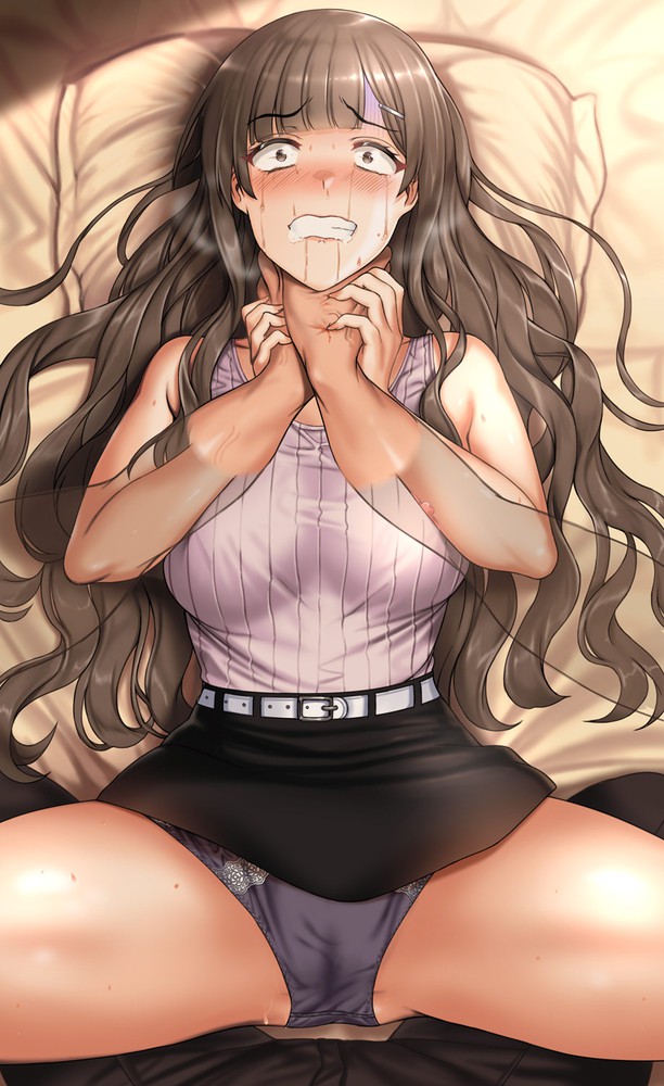 asphyxiation, bed, beltskirt, black hair, choking, dying, female, skirt, strangling, tagme, tears, underwear, wet spot