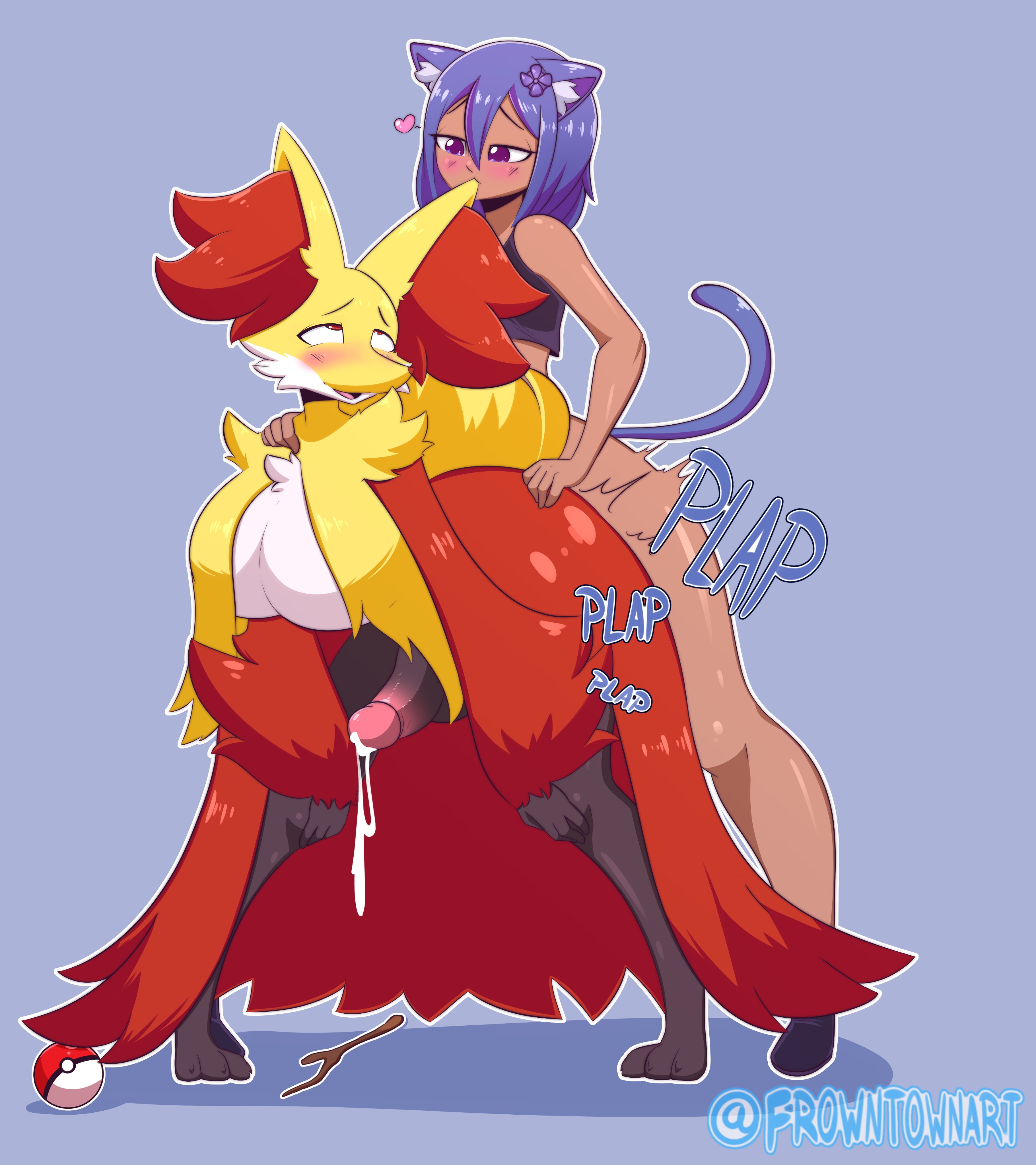 1boy, 1futa, ahe gao, ambiguous penetration, androgynous, anthro, anthrofied, big breasts, blush, breasts, cat ears, dark skin, dark-skinned male, delphox, ejaculation while penetrated, femboy, femboy on futa, fox, fox ears, fox tail, frowntown, futanari, heart, humanoid, intersex, interspecies, male, male on anthro, male on futa, nintendo, original character, pleasure face, pokemon, pokemon xy, pokephilia, purple eyes, purple hair, red eyes, thick thighs, two-tone fur, wide hips, yellow fur