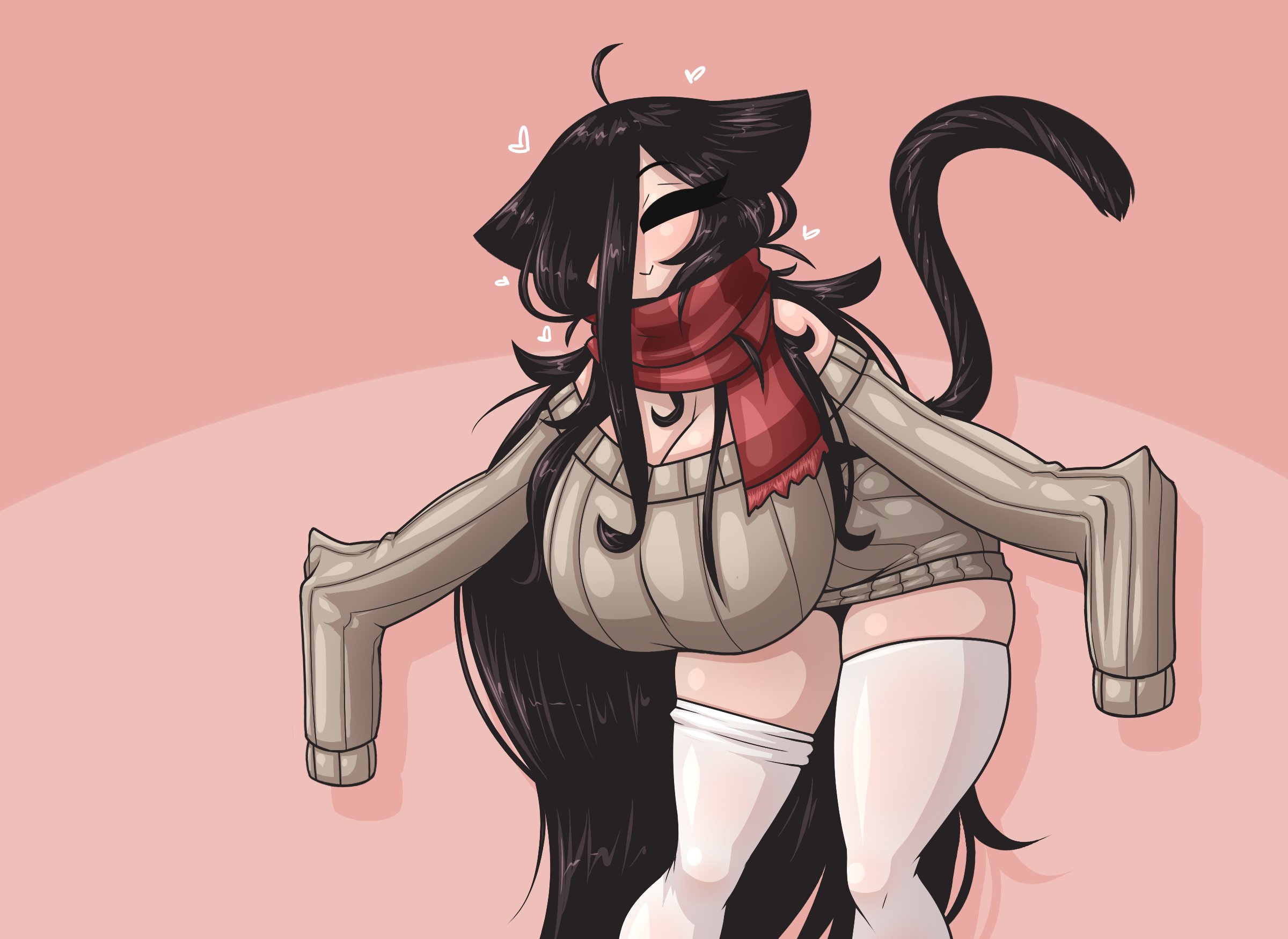 :>, ^ ^, 1girls, absolute territory, abstract background, ahoge, animal humanoid, antenna hair, beige sweater, bent forward, big breasts, black hair, black tail, bottomless, breasts, cat ears, cat girl, cat tail, cleavage, closed eyes, cropped legs, cute, dark hair, female, female only, hair over one eye, hanging breasts, happy, hearts, huge breasts, kat (limebreaker), kemonomimi, large breasts, limebreaker, limited palette, long breasts, long hair, long sleeves, loose clothes, off shoulder, original, pink background, prehensile tail, scarf, shiny hair, shiny skin, skindentation, sleeves past wrists, smiling, solo, spoken heart, sweater, tail, thick thighs, thighhighs, very long hair, white legwear, white thighhighs