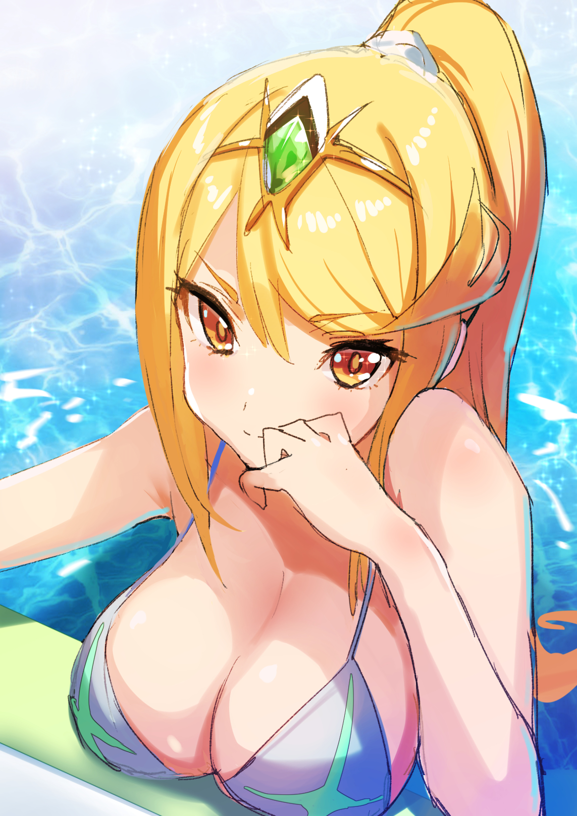 bikini, blonde hair, female, gold eyes, hikari (xenoblade 2), looking at viewer, mythra, nintendo, ponytail, pool, tiara, xenoblade (series), xenoblade chronicles 2