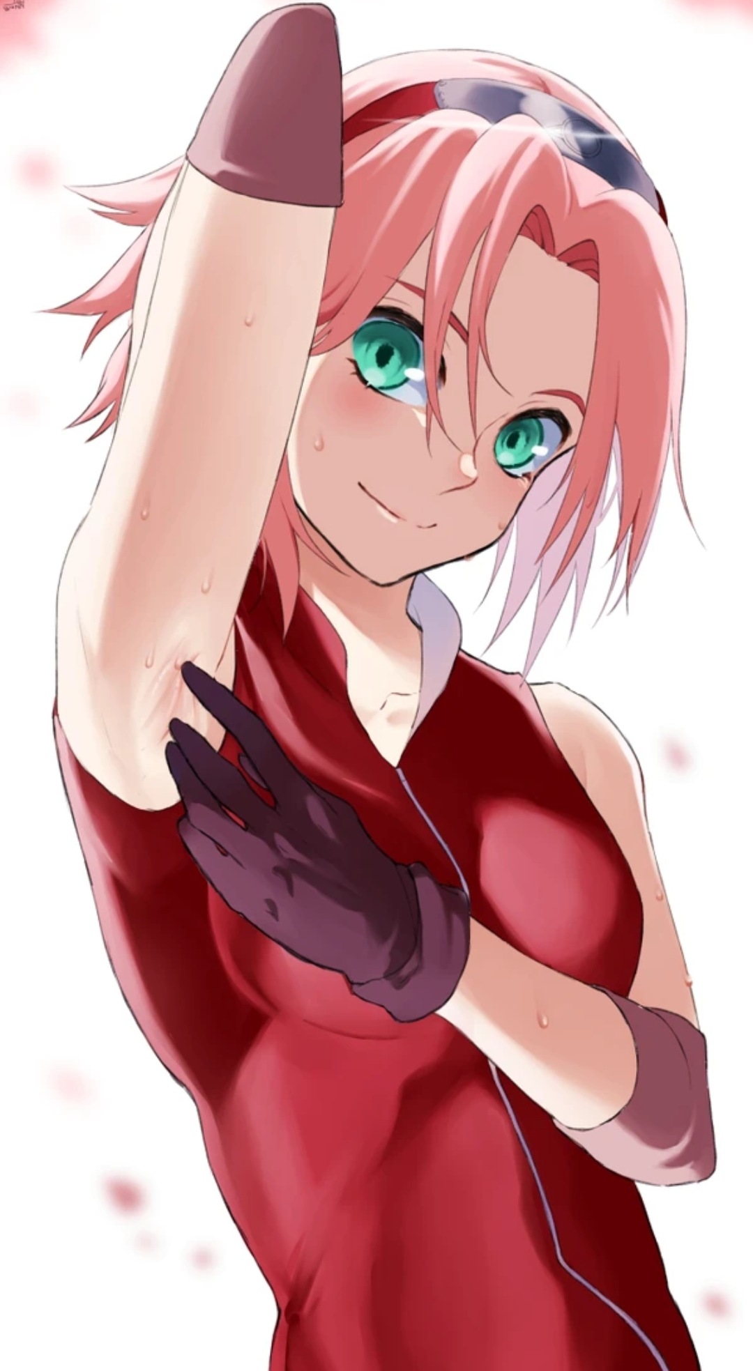 armpit, armpit fetish, armpit peek, armpits, arms behind back, eyes, female, gloves, male, mouth, naruto, naruto (series), naruto shippuden, nose, pink hair, posing, red body, sakura haruno, smaller male, smile, standing, sweat, sweatdrop, sweaty, white skin