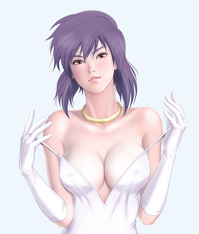 1girls breasts clavicle cleavage cyborg dress erect_nipples erect_nipples_under_clothes female female_only female_protagonist ghost_in_the_shell ghost_in_the_shell_stand_alone_complex gloves kusanagi_motoko large_breasts lips looking_at_viewer nipples parted_lips purple_hair red_eyes simple_background solo strap_lift tatsumaru undressing upper_body white_dress white_gloves